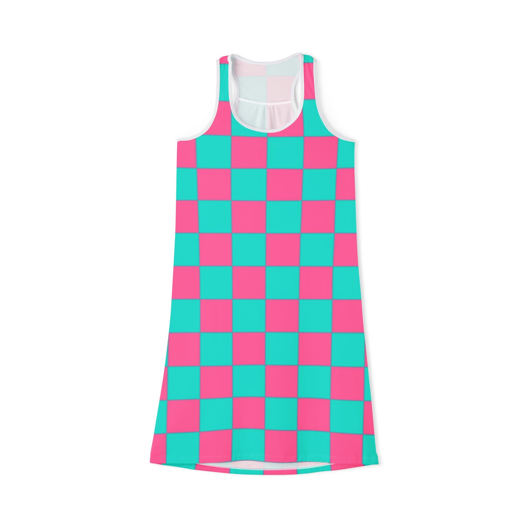 Checkerboard Racerback Dress — Pink & Teal All-Over Print
