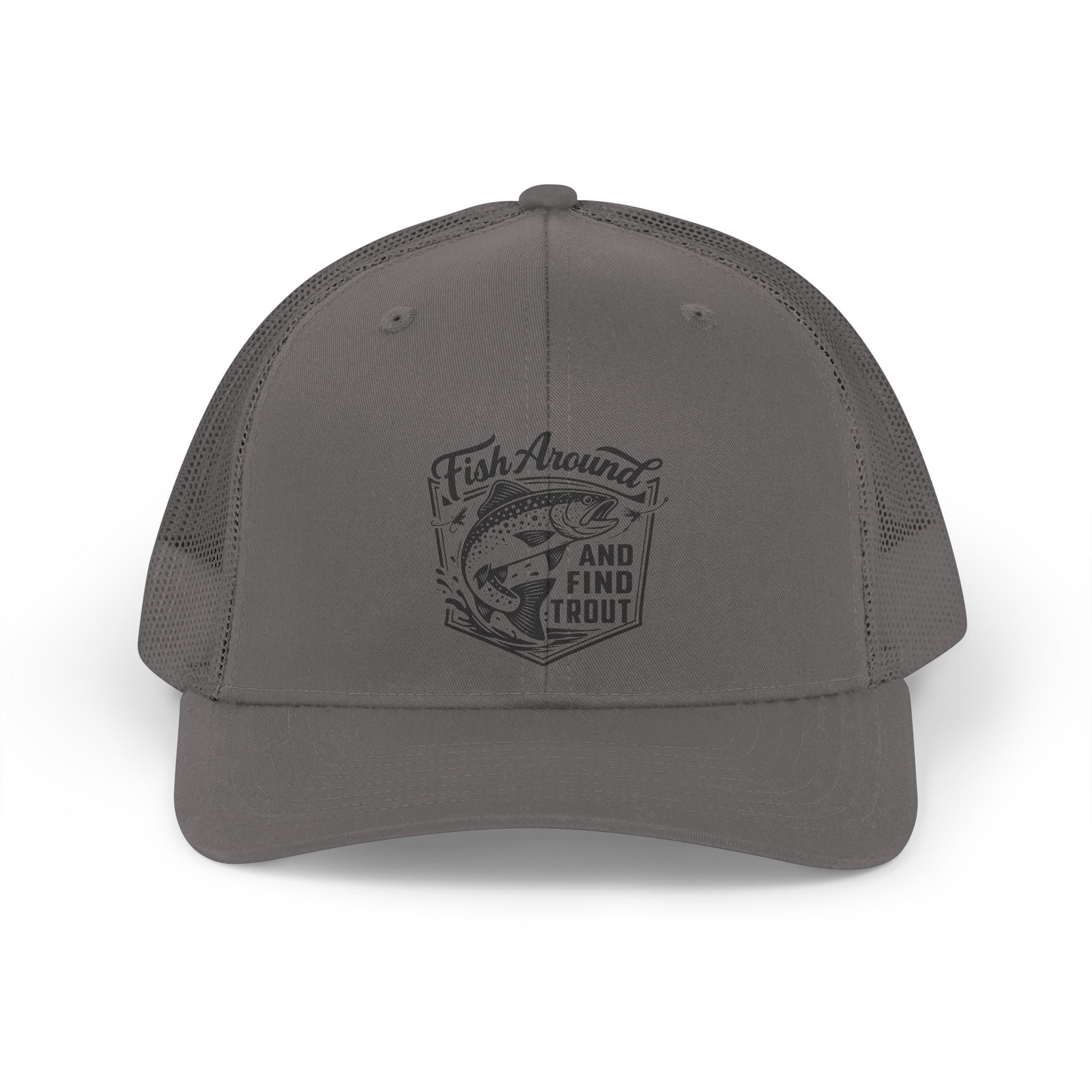 The Trucker Hat — 'Fish Round and Find Trout' Retro Fishing Cap features a gray mesh design with a front patch of a leaping fish, ideal for any fishing hat collection.