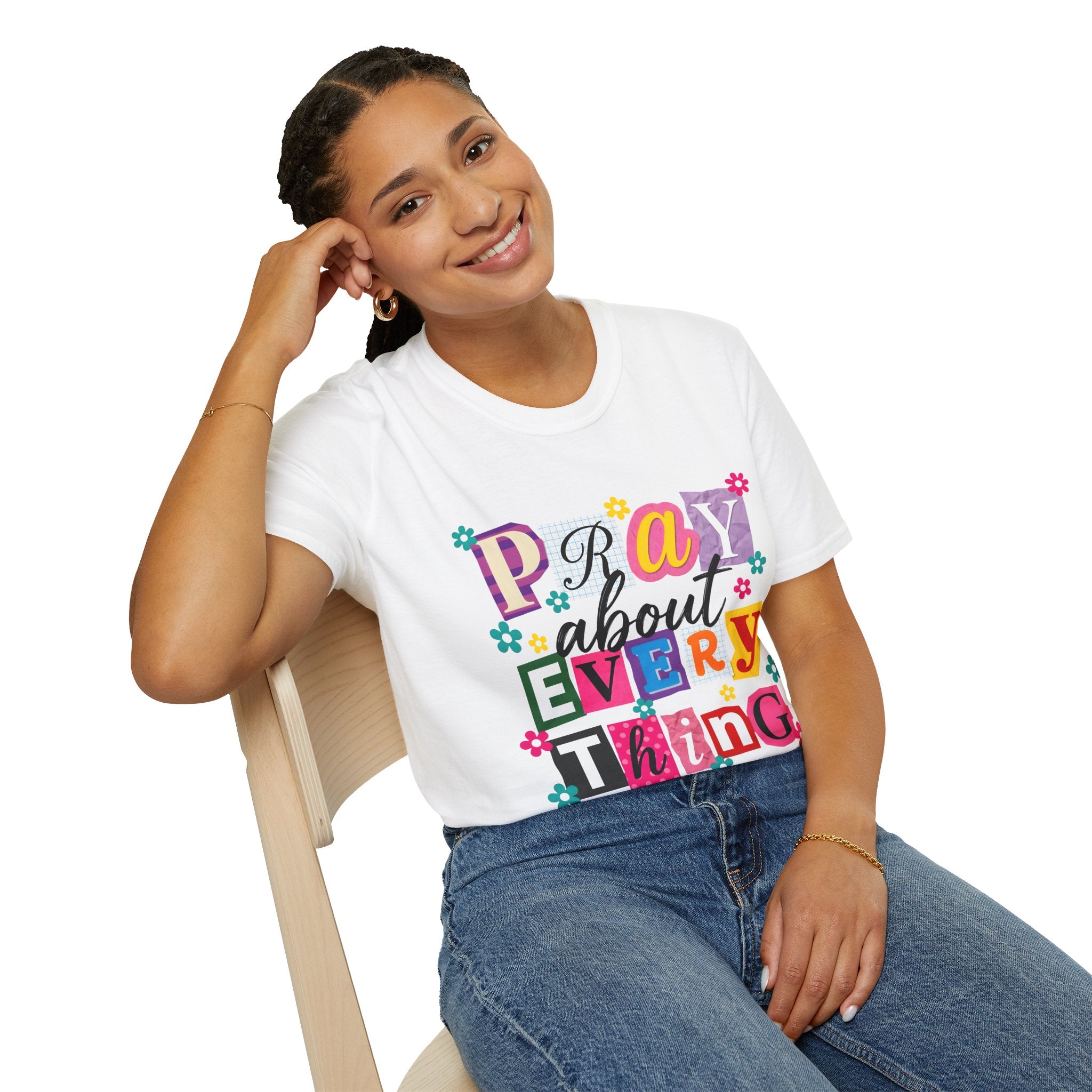 T-Shirt — "Pray About Everything" Colorful Floral Faith Graphic