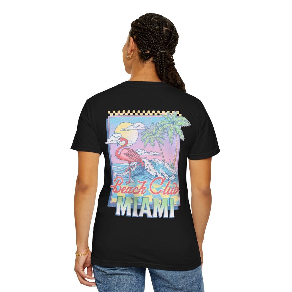 Miami Beach Club T‑Shirt — Retro Flamingo Tropical Floral Graphic Tee