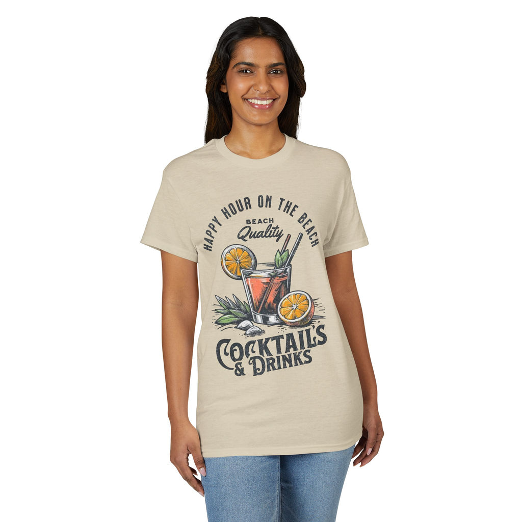 Cocktails & Drinks Beach T-Shirt — “Happy Hour on the Beach” Tropical Cocktail Tee