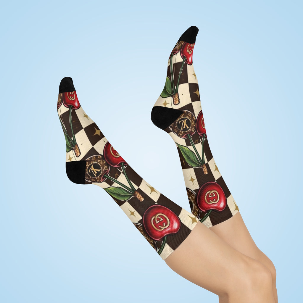Cherry Logo Checkered Crew Socks — Designer-Inspired Cushion Crew for Fashion Lovers