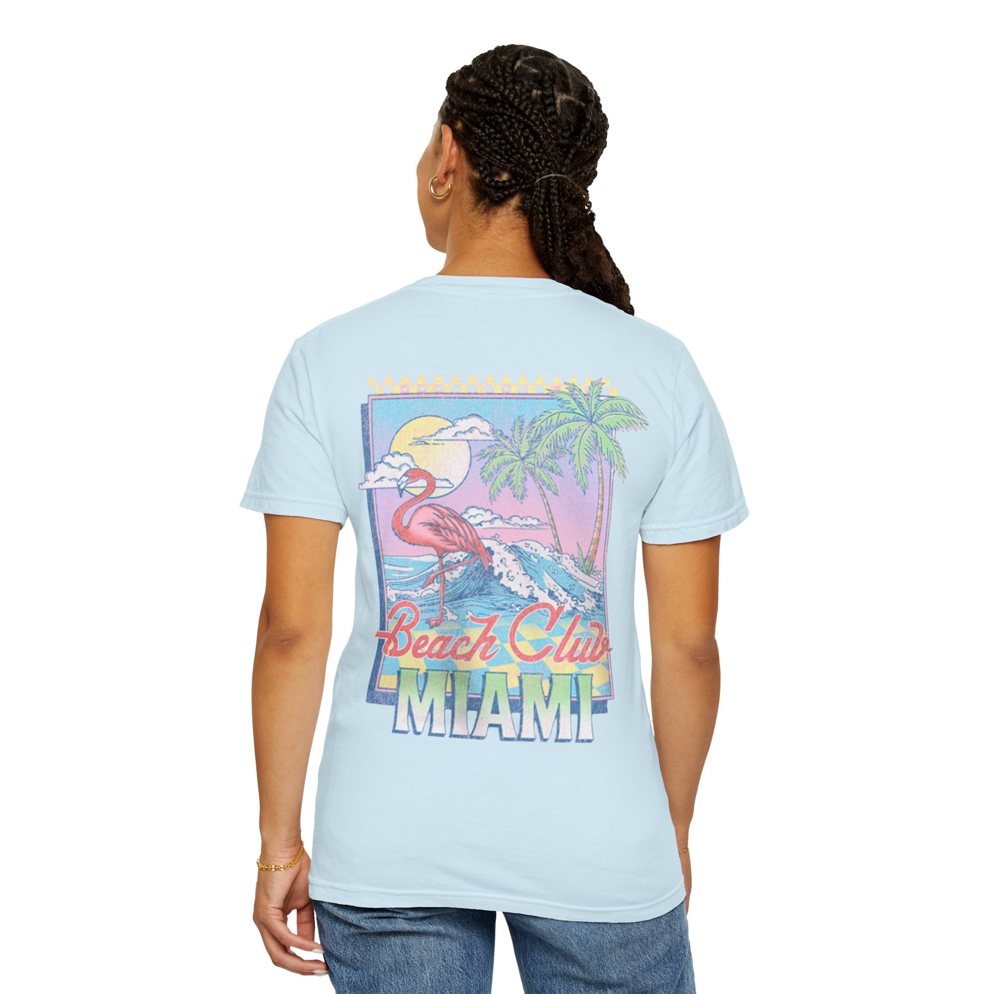Miami Beach Club T‑Shirt — Retro Flamingo Tropical Floral Graphic Tee
