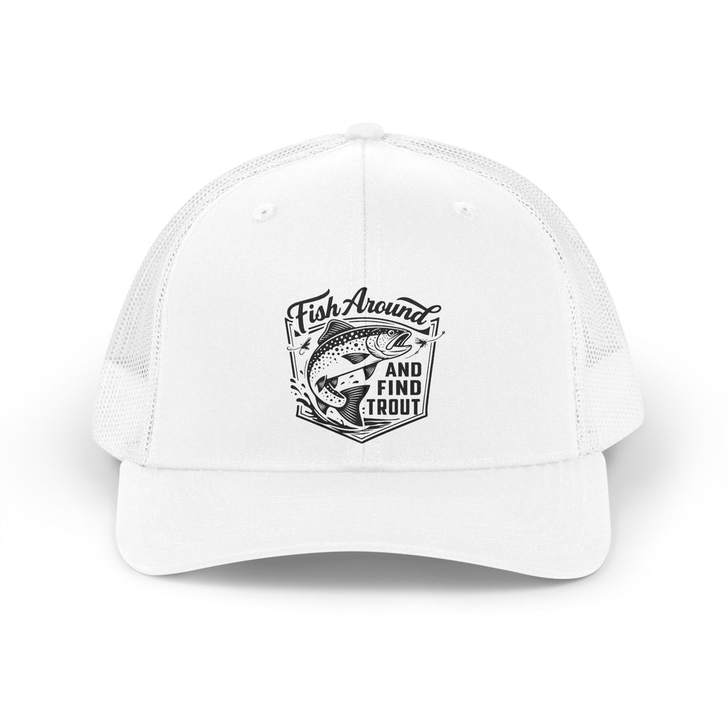 The Trucker Hat — 'Fish Round and Find Trout' Retro Fishing Cap features a white mesh design with a black and white jumping trout graphic and slogan on the front, making it an ideal fishing hat for outdoor adventures.