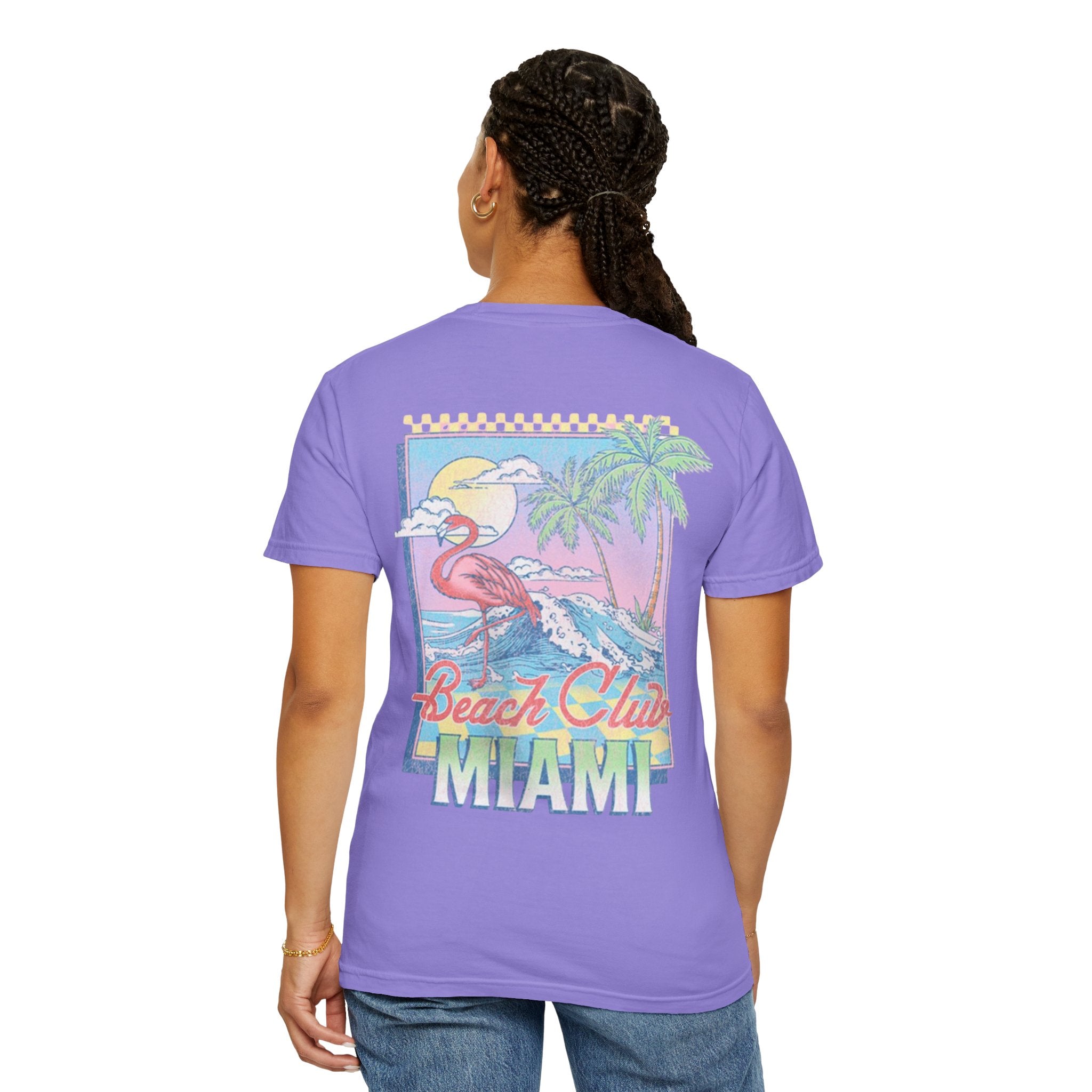 Miami Beach Club T‑Shirt — Retro Flamingo Tropical Floral Graphic Tee