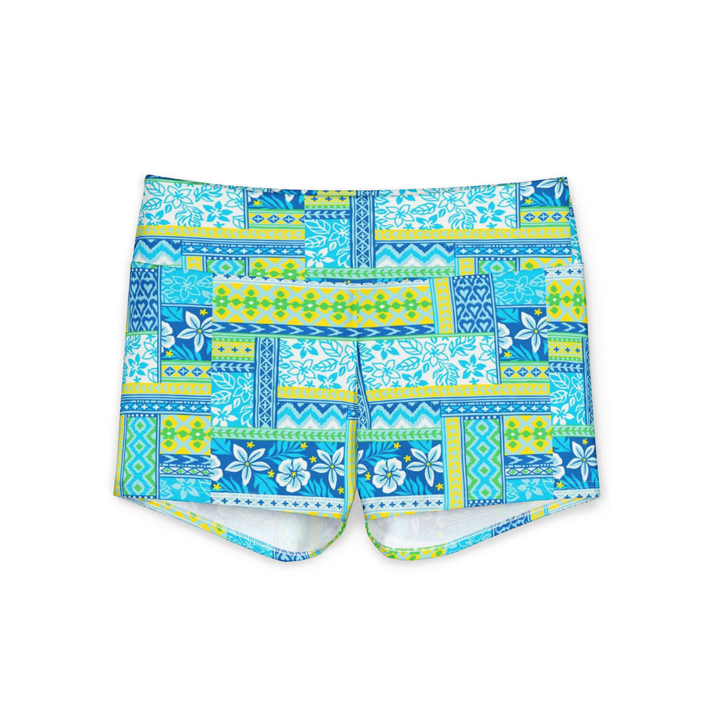 Blue Tropical Patchwork Yoga Shorts — Women's Floral Activewear