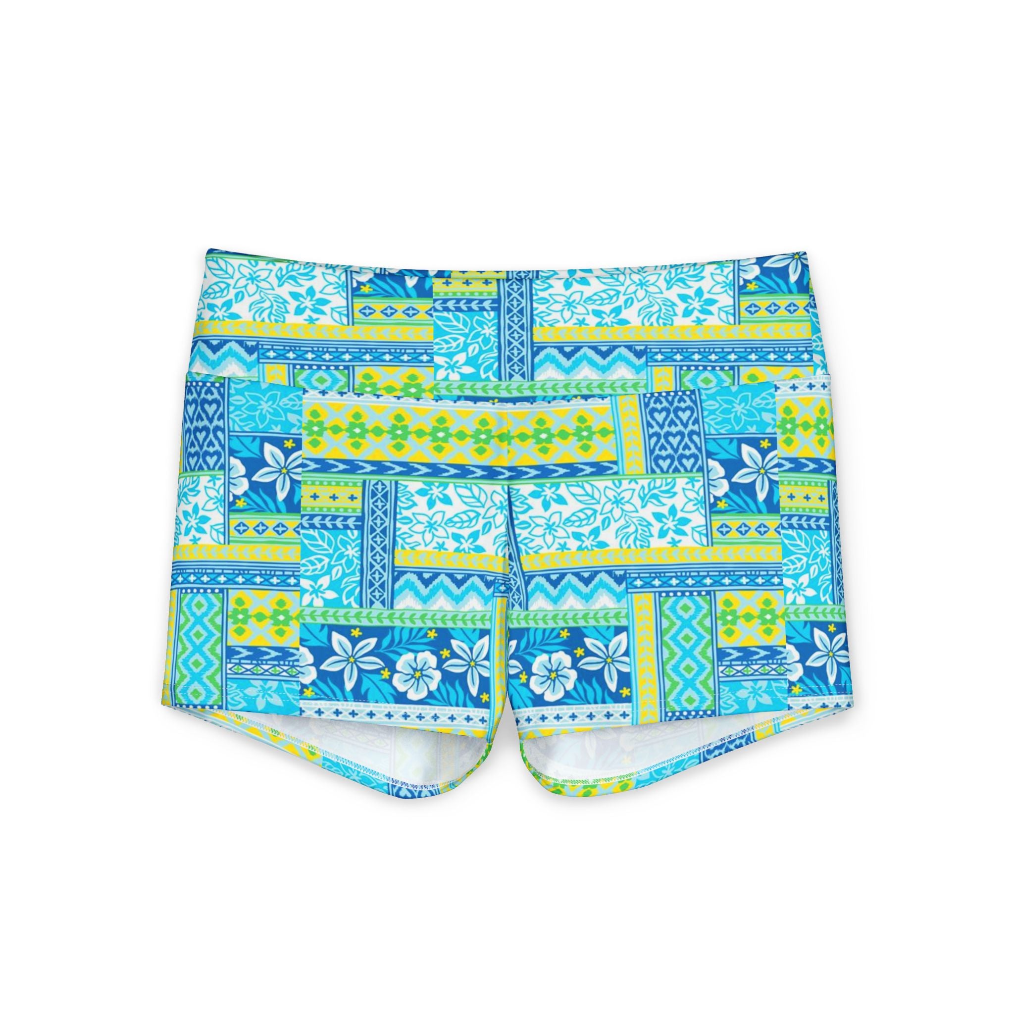 Blue Tropical Patchwork Yoga Shorts — Women's Floral Activewear