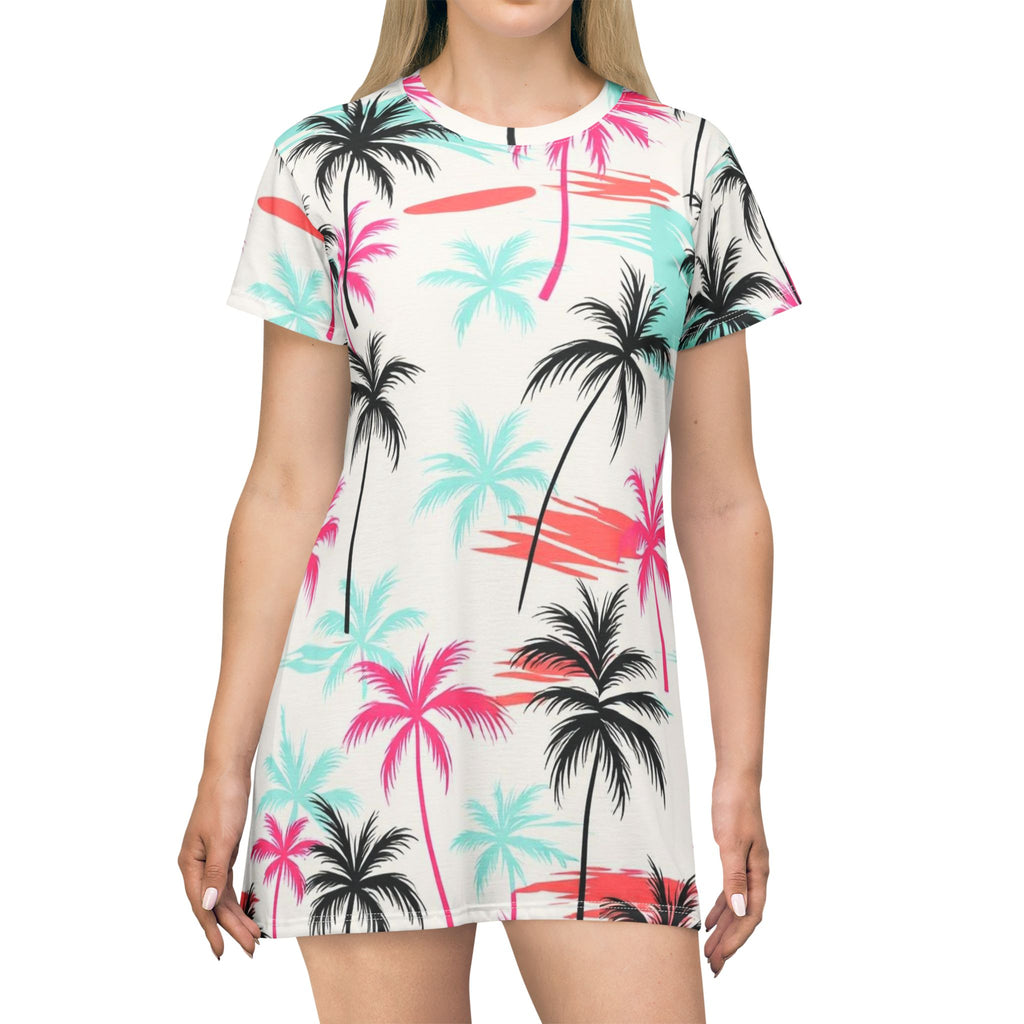 Palm Beach T-Shirt Dress — Tropical Palm Tree All-Over Print Summer Dress