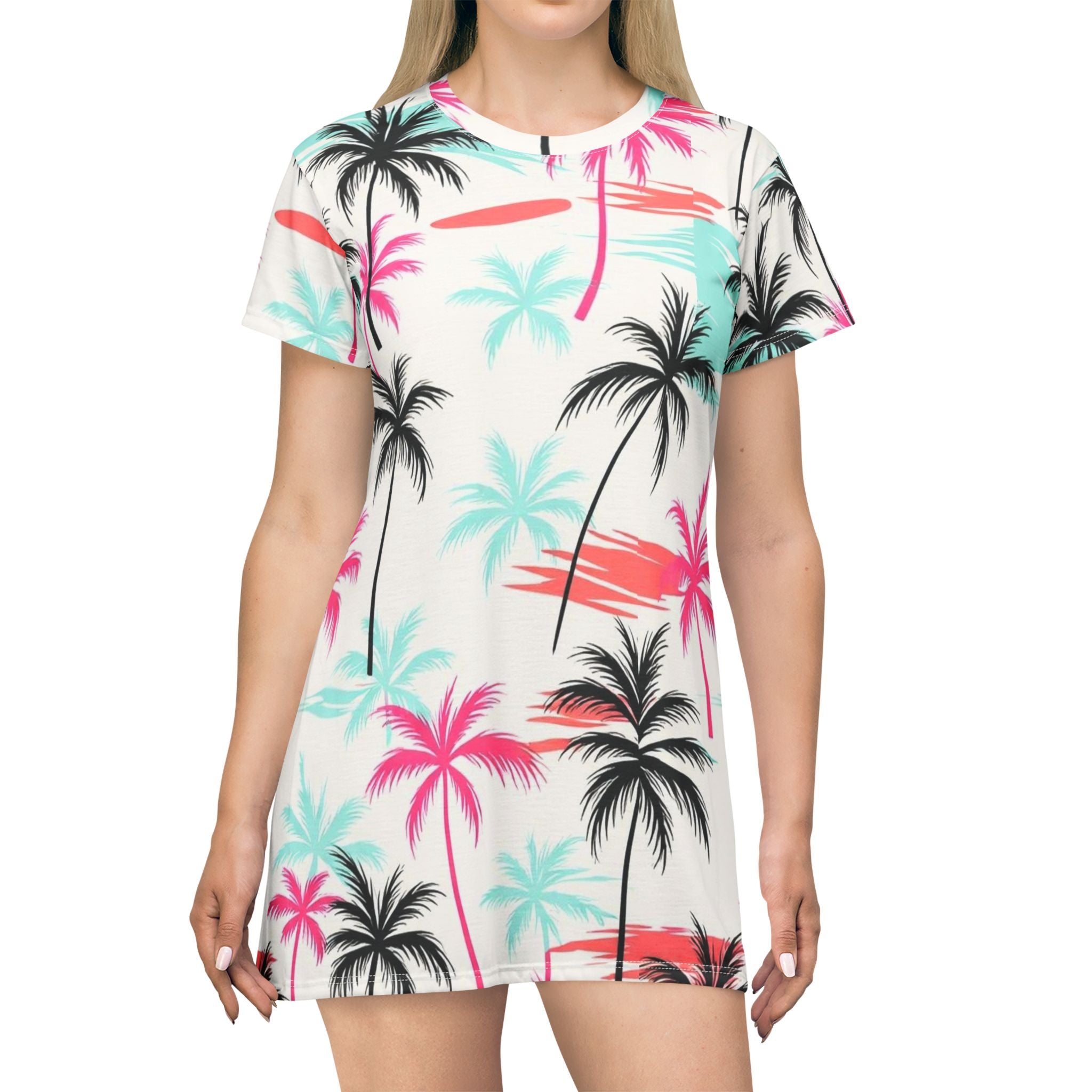 Palm Beach T-Shirt Dress — Tropical Palm Tree All-Over Print Summer Dress