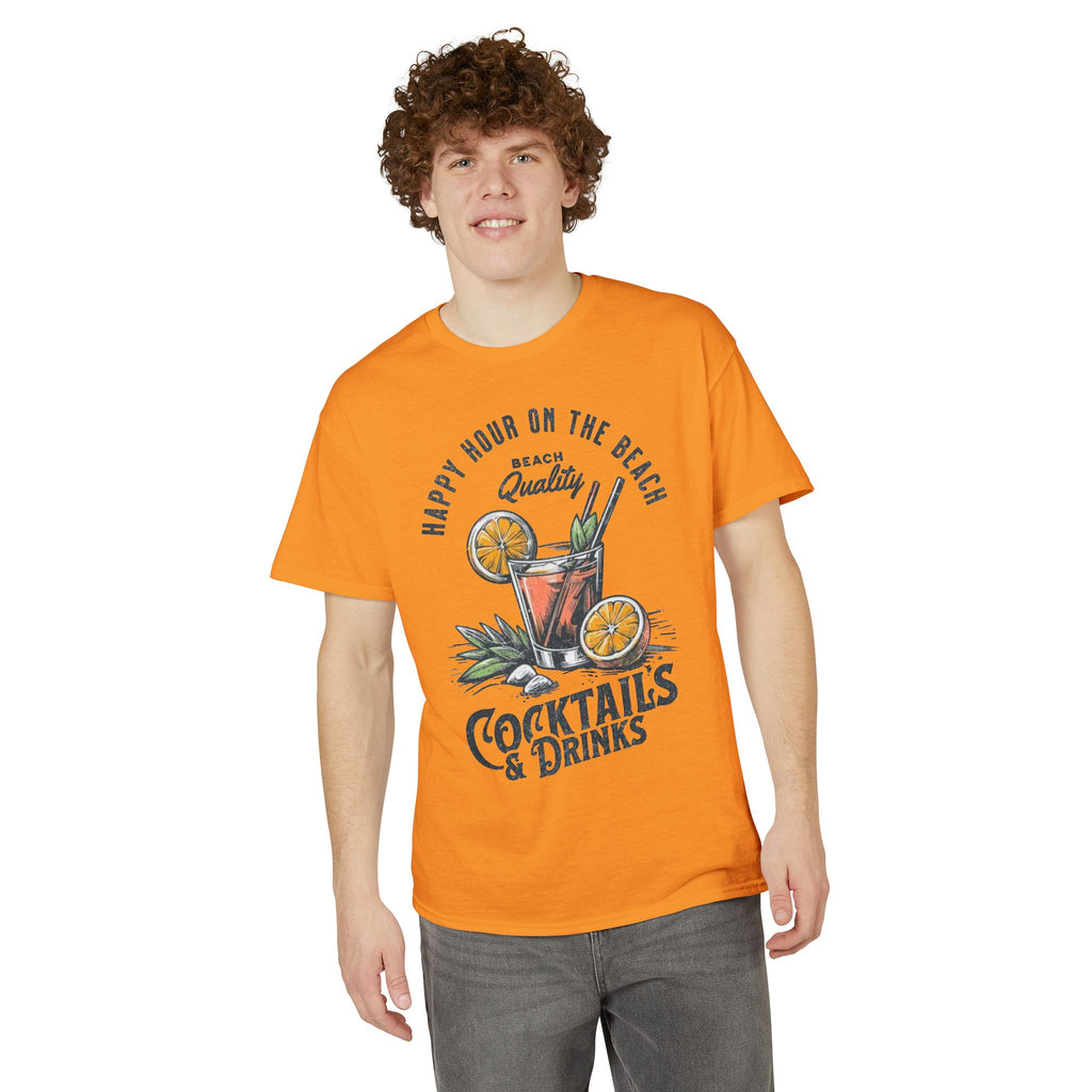 Cocktails & Drinks Beach T-Shirt — “Happy Hour on the Beach” Tropical Cocktail Tee