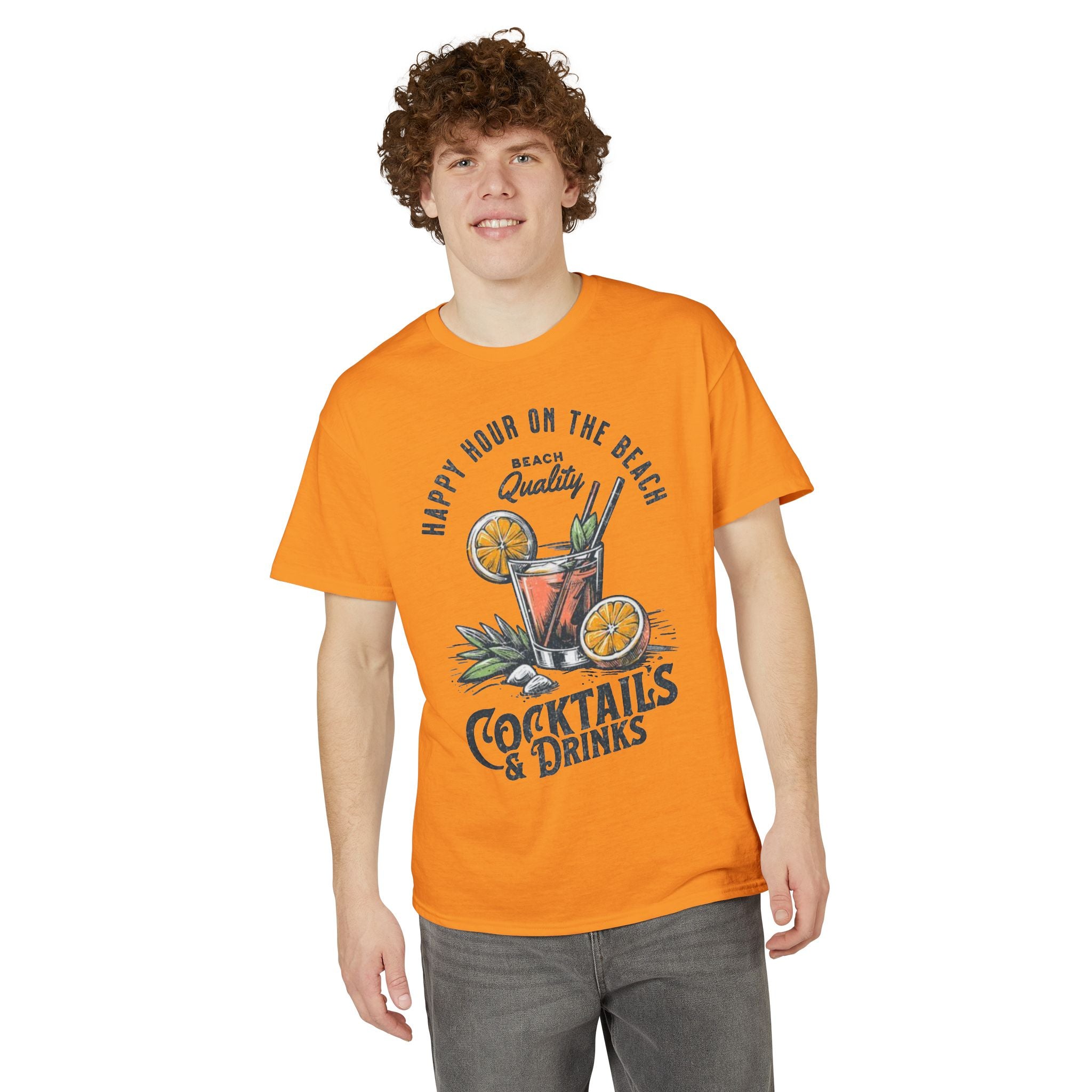 Cocktails & Drinks Beach T-Shirt — “Happy Hour on the Beach” Tropical Cocktail Tee
