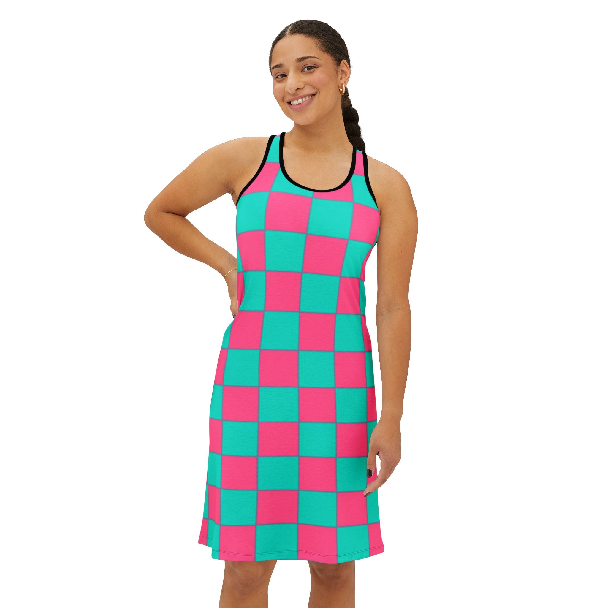 Checkerboard Racerback Dress — Pink & Teal All-Over Print