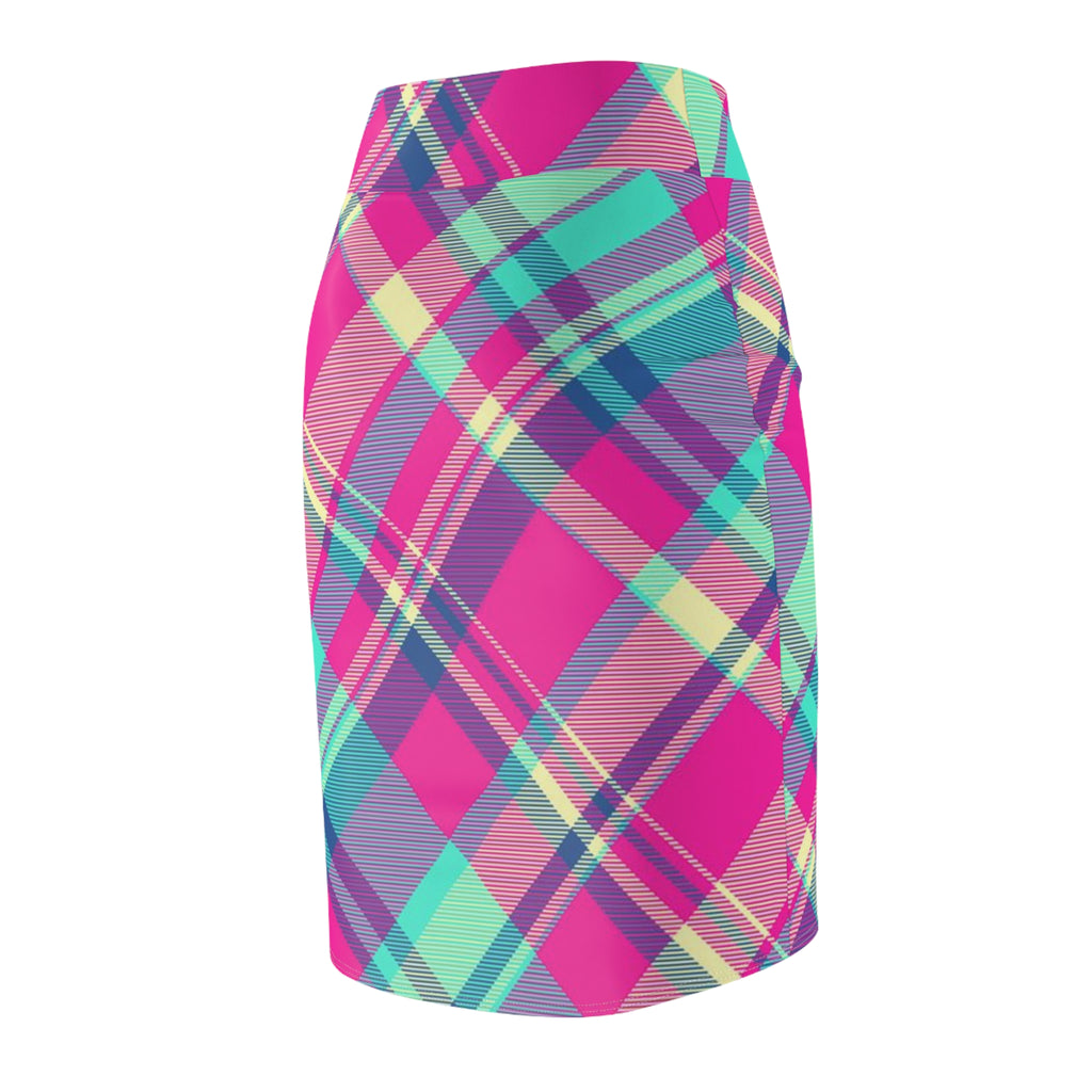 Pink Teal Plaid Pencil Skirt — Bright Plaid All-Over Print