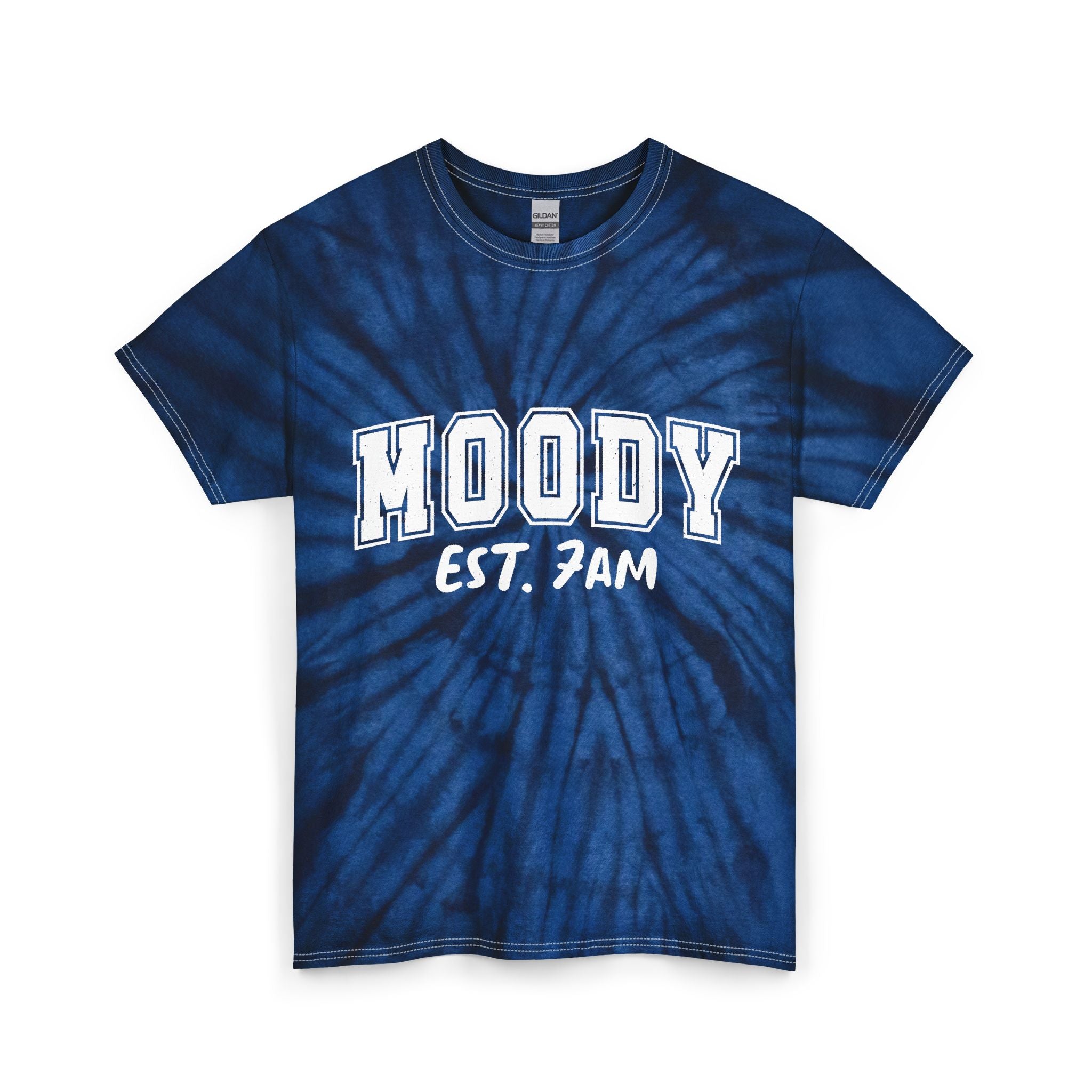 Moody Est. 7AM Tie-Dye Tee — Blue Spiral Graphic T-Shirt