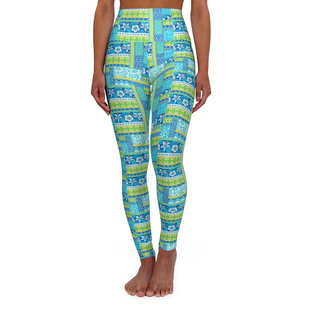 Floral Patchwork High-Waist Yoga Leggings — Blue Green Tropical Print