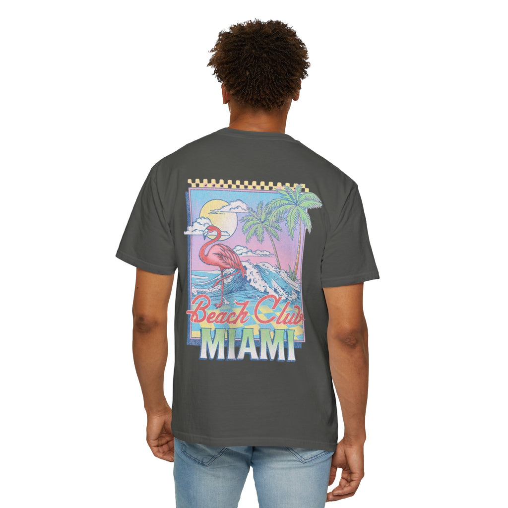 Miami Beach Club T‑Shirt — Retro Flamingo Tropical Floral Graphic Tee