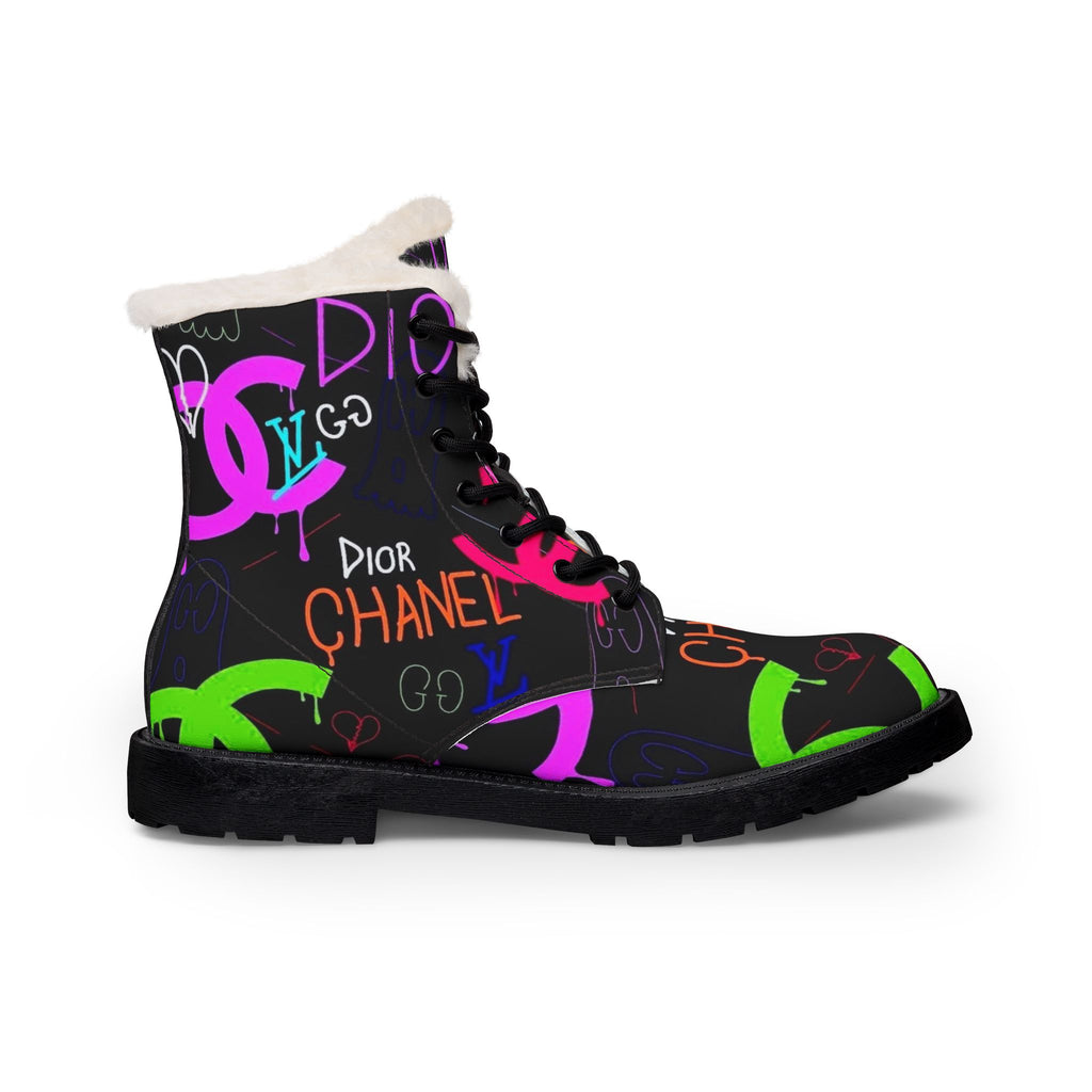 Graffiti Logo Fur-Lined Leather Boots — Colorful Designer-Inspired Women’s Winter Boots