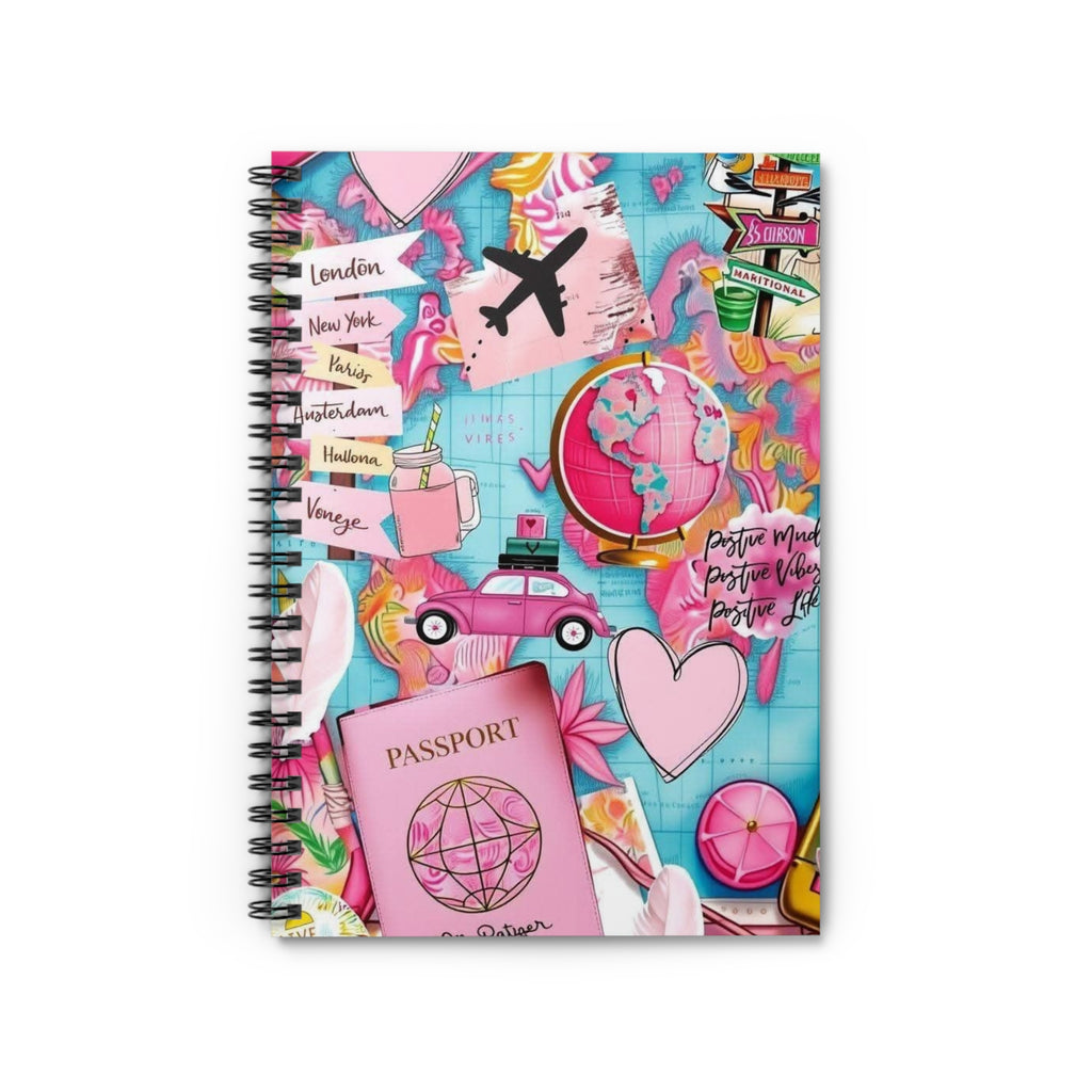Travel Collage Spiral Notebook — Passport, Plane & Pink Adventure Journal (Ruled)