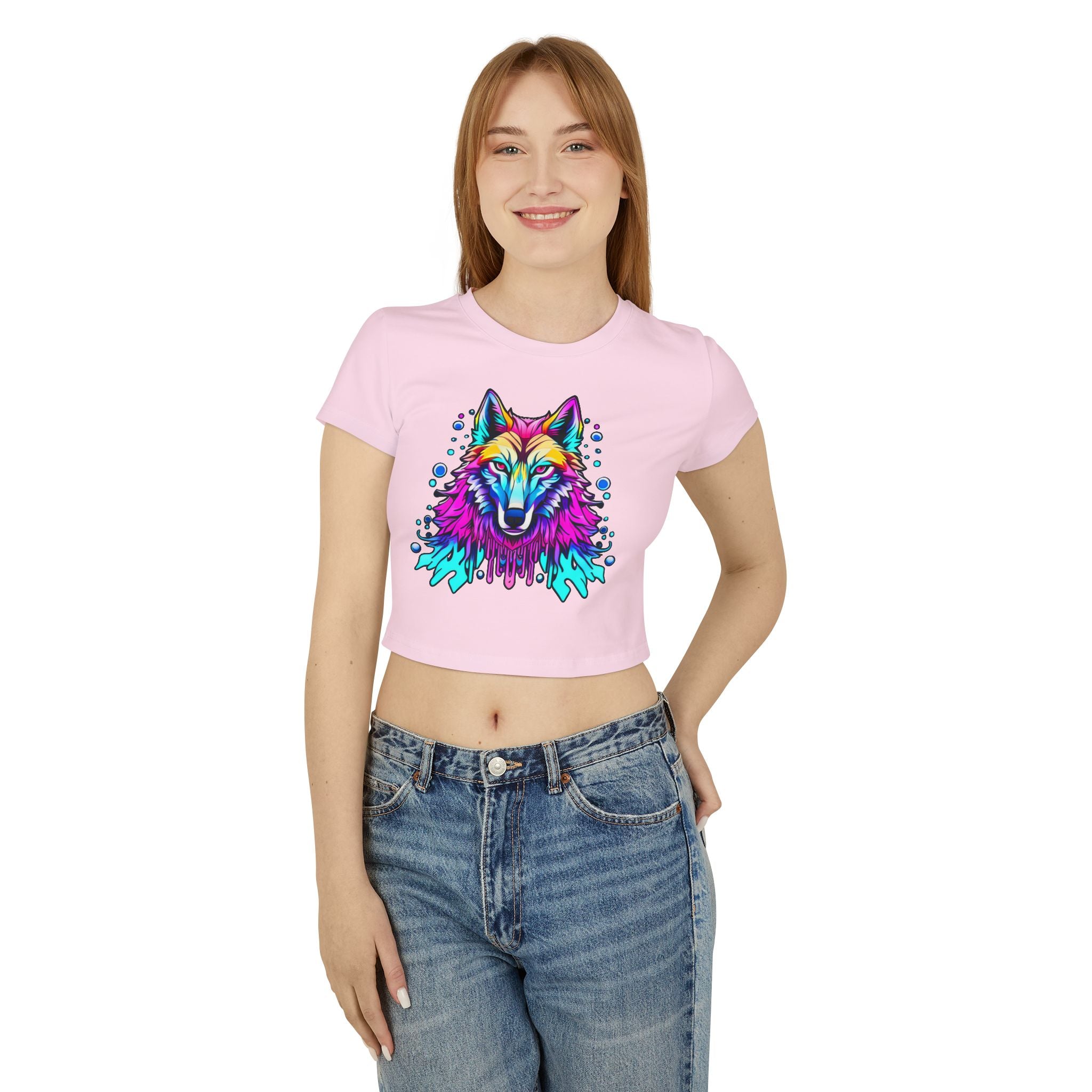 Colorful Wolf Women's Baby Tee — Vibrant Neon Wolf Graphic Crop Shirt