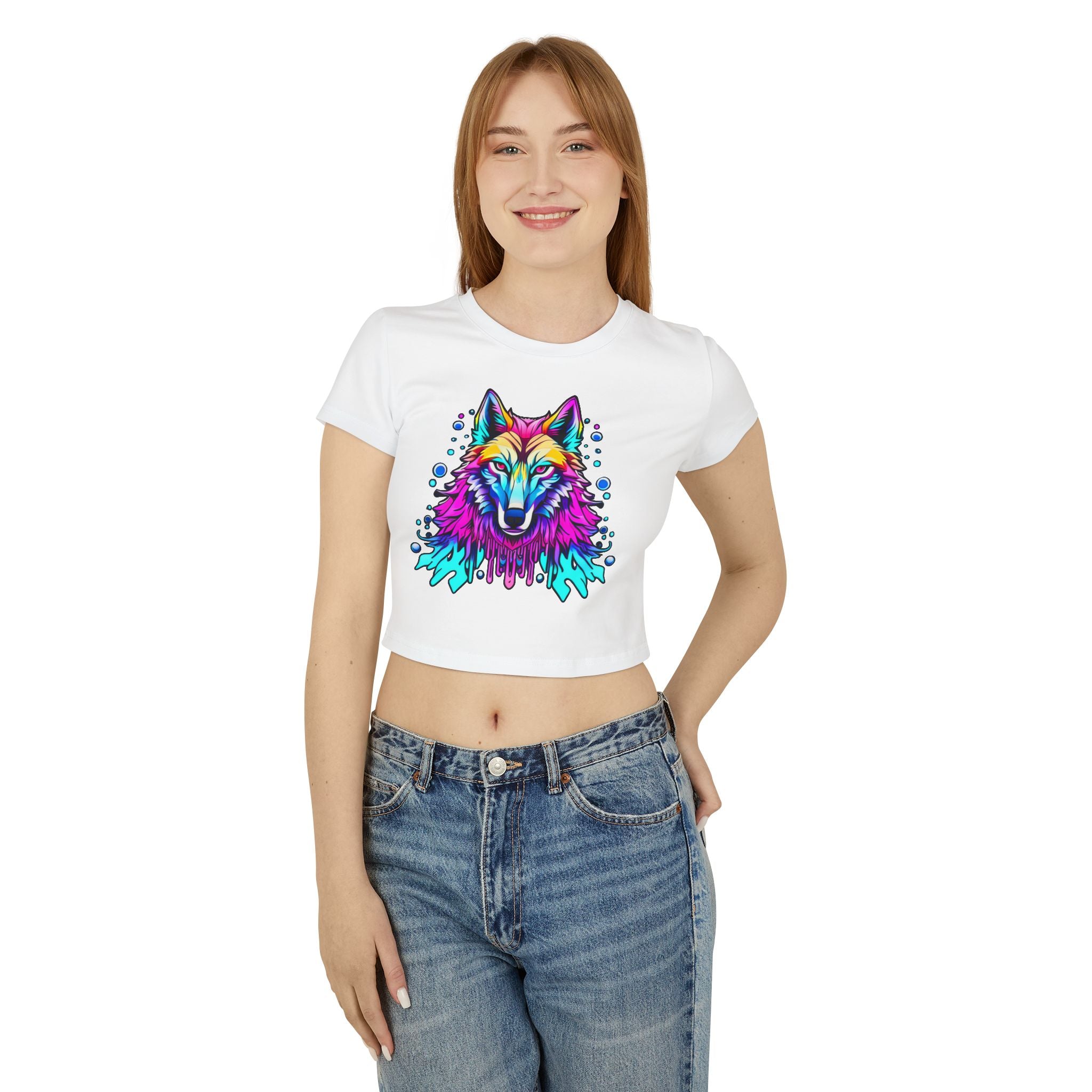 Colorful Wolf Women's Baby Tee — Vibrant Neon Wolf Graphic Crop Shirt