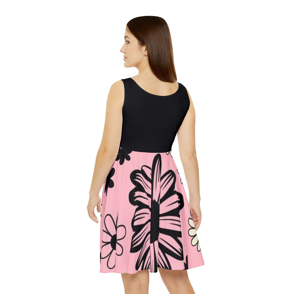 Floral Pink Skater Dress — Black & Pink Daisy Print Women's Dress