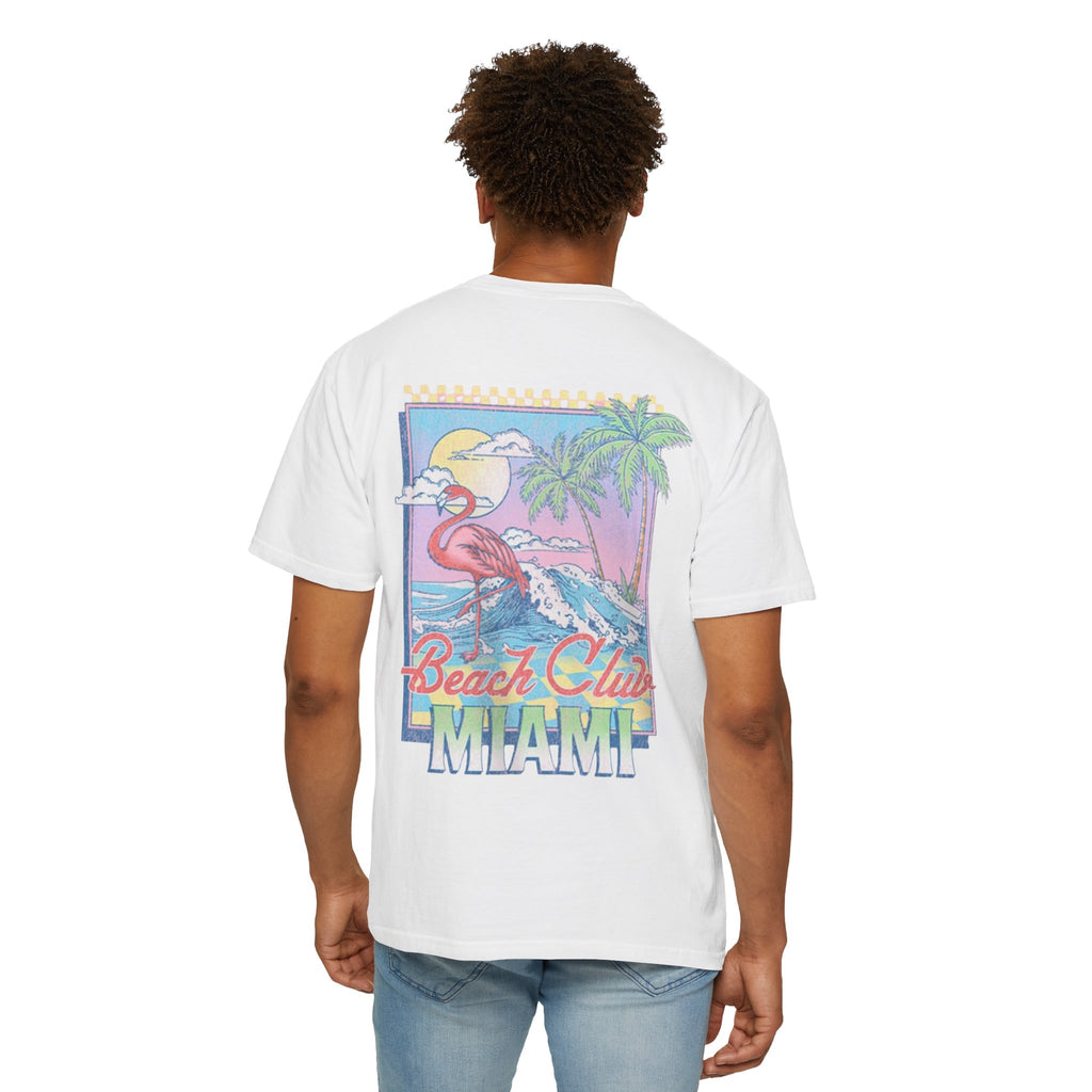Miami Beach Club T‑Shirt — Retro Flamingo Tropical Floral Graphic Tee