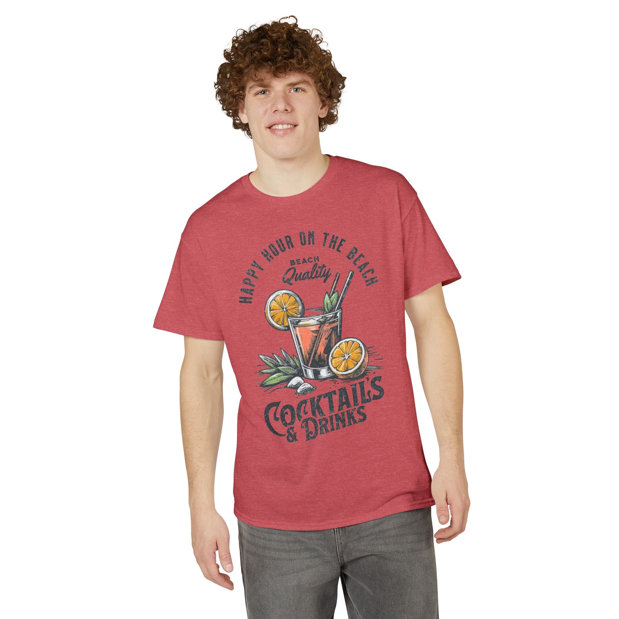 Cocktails & Drinks Beach T-Shirt — “Happy Hour on the Beach” Tropical Cocktail Tee