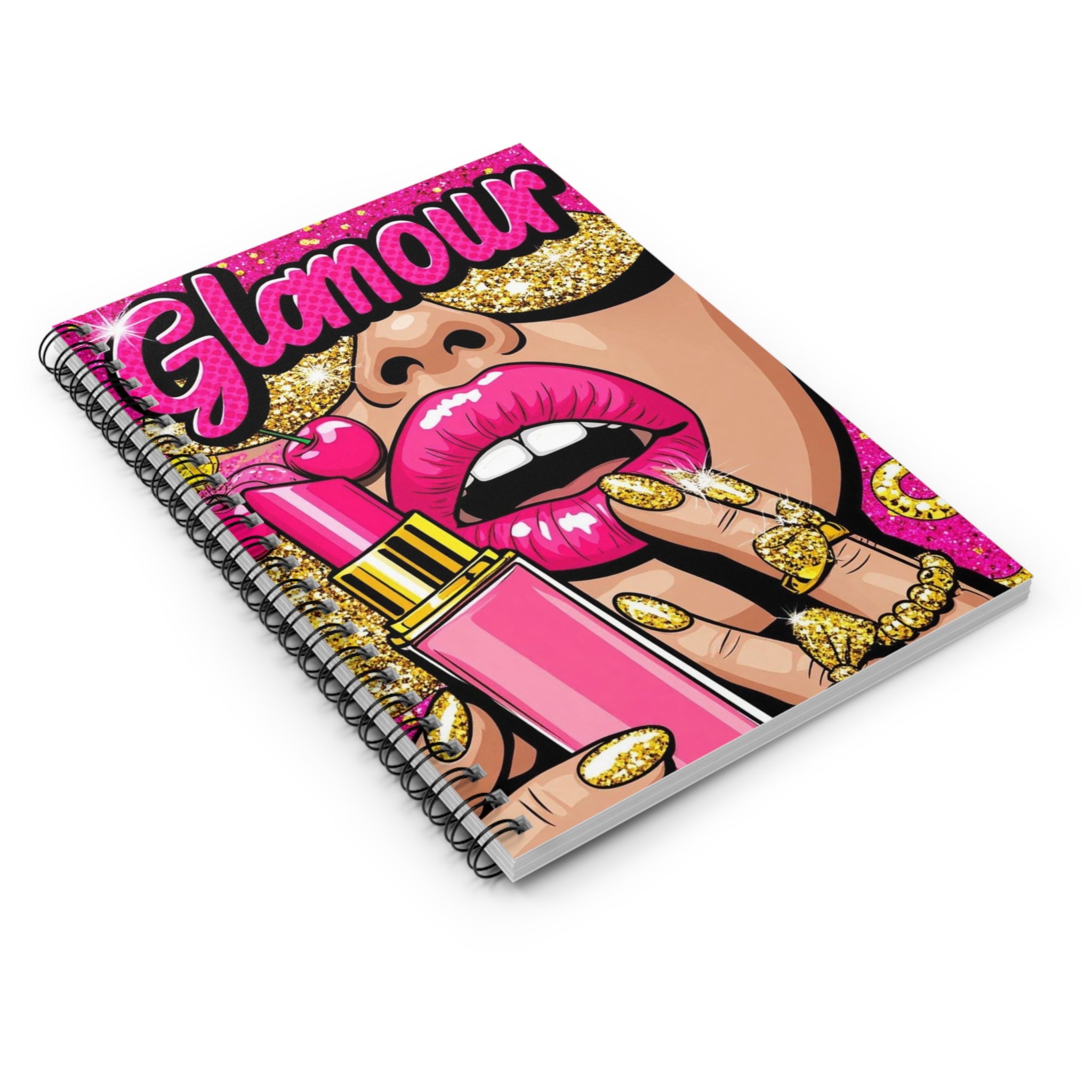 Glamour Pop Art Spiral Notebook — Pink Lipstick & Gold Glitter Journal