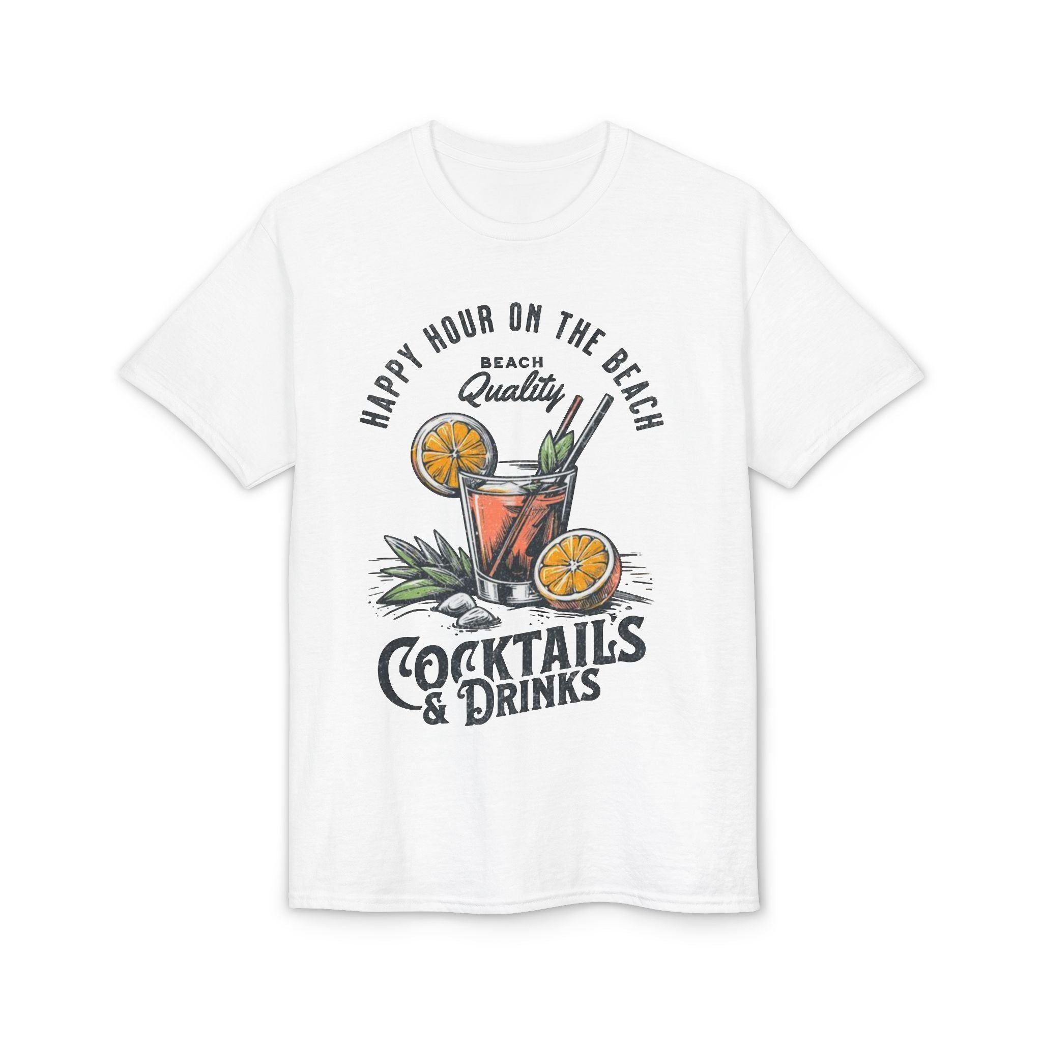 Cocktails & Drinks Beach T-Shirt — “Happy Hour on the Beach” Tropical Cocktail Tee