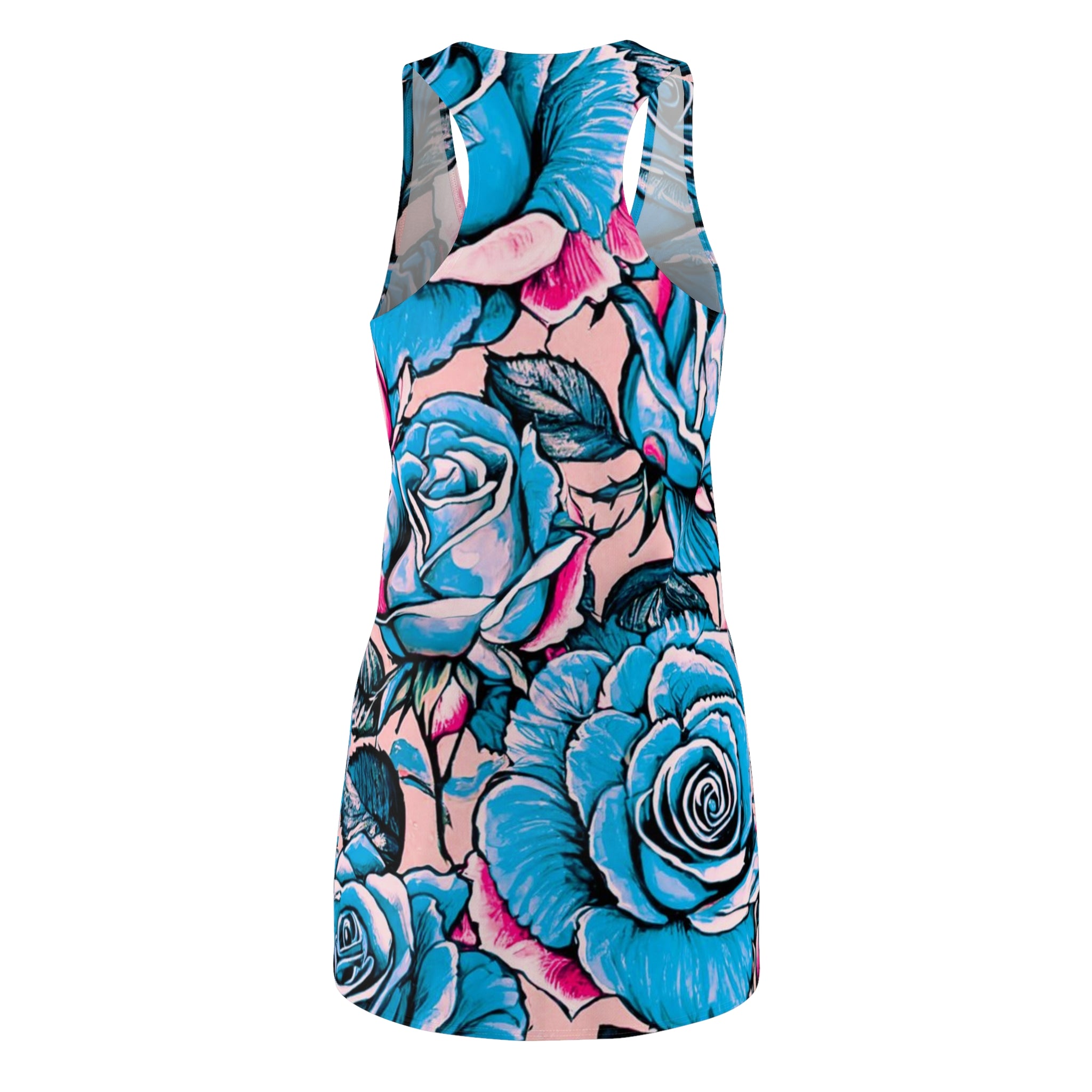 Blue Rose All-Over Print Racerback Dress — Floral Tattoo Style Sundress
