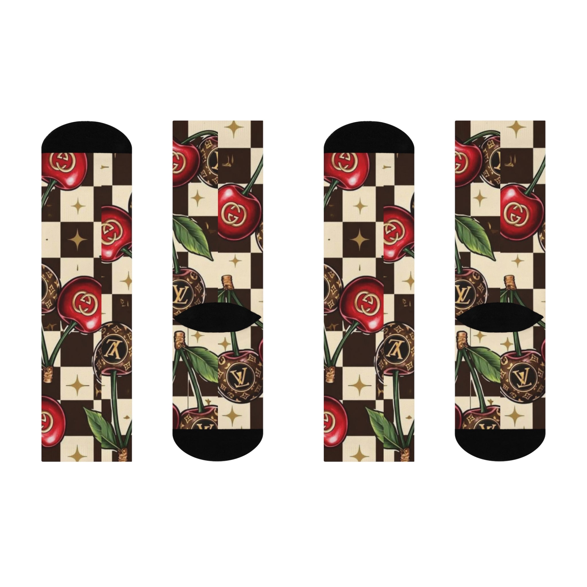Cherry Logo Checkered Crew Socks — Designer-Inspired Cushion Crew for Fashion Lovers