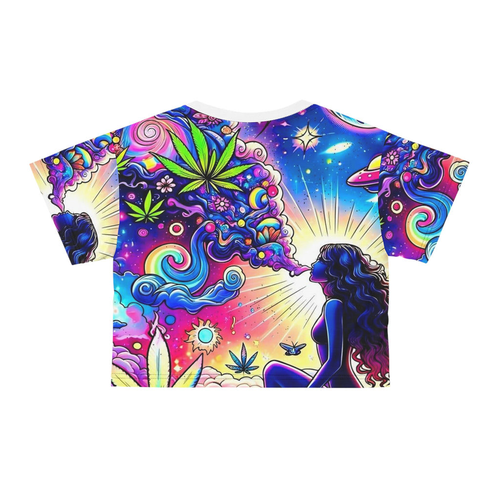 Psychedelic Cannabis Crop Tee — Colorful Trippy Goddess All-Over Print