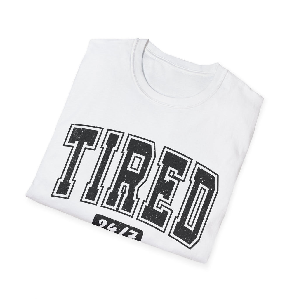 T-Shirt — 'TIRED 24/7' Vintage Varsity Graphic Tee