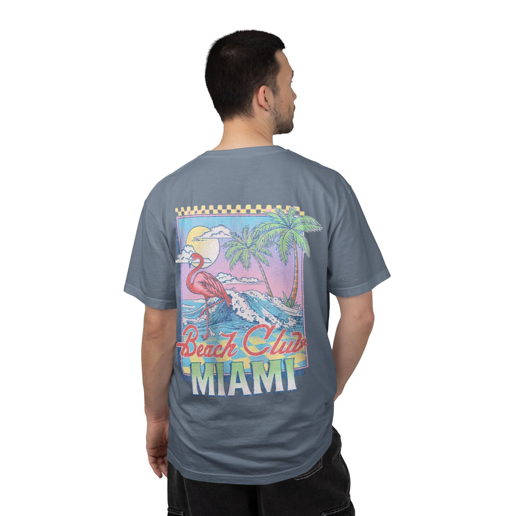 Miami Beach Club T‑Shirt — Retro Flamingo Tropical Floral Graphic Tee