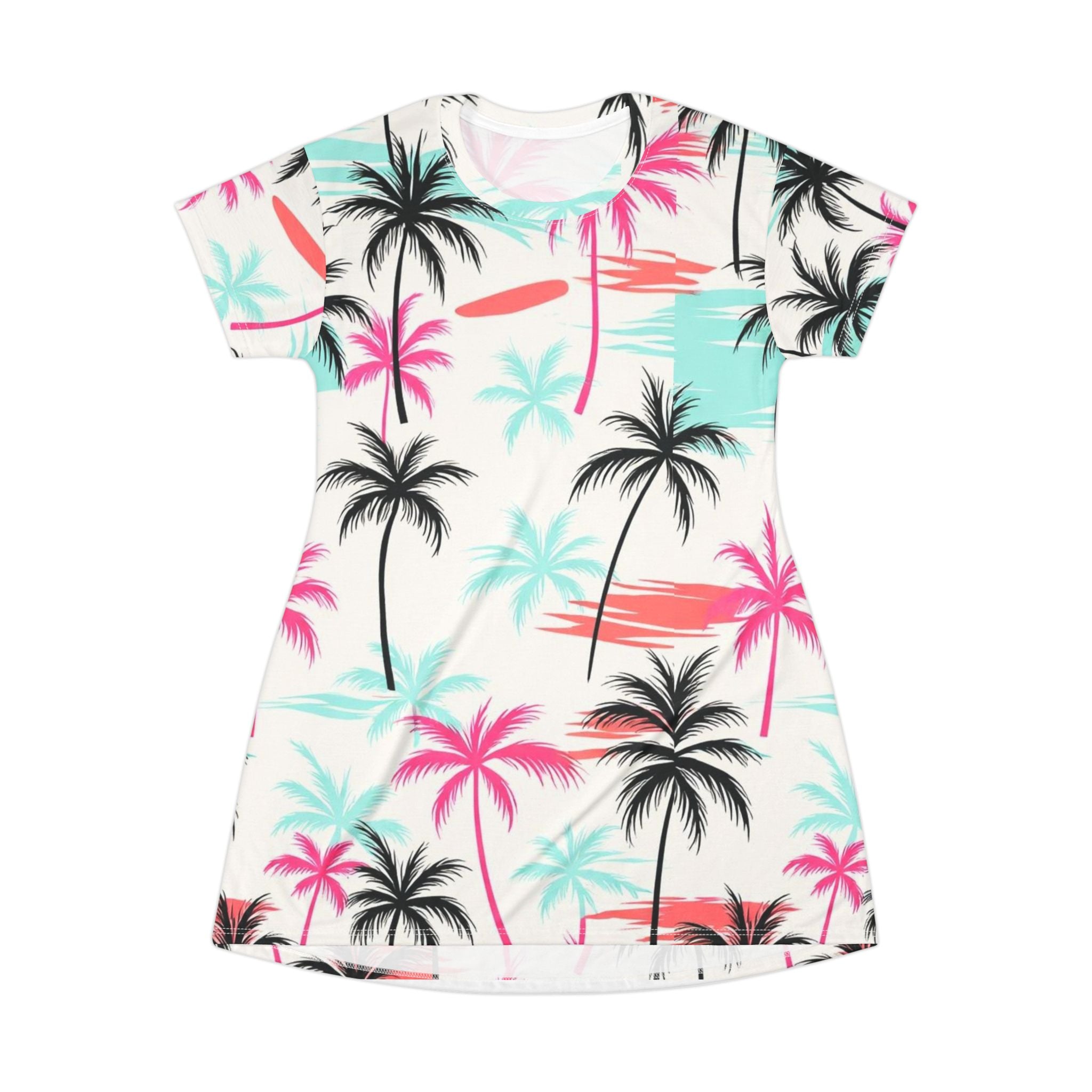 Palm Beach T-Shirt Dress — Tropical Palm Tree All-Over Print Summer Dress