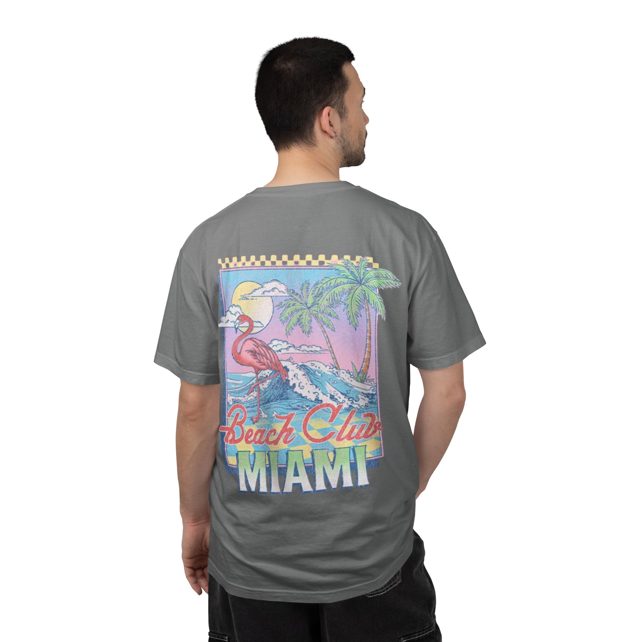 Miami Beach Club T‑Shirt — Retro Flamingo Tropical Floral Graphic Tee