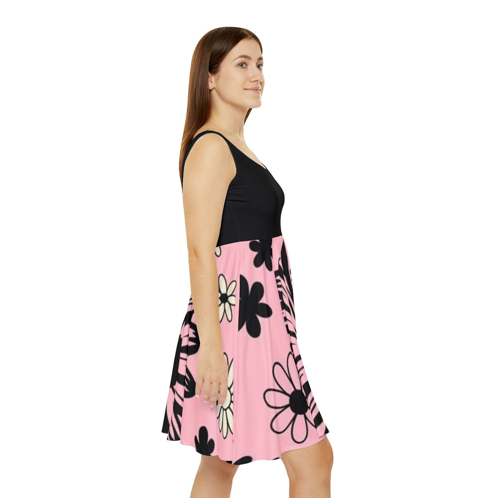 Floral Pink Skater Dress — Black & Pink Daisy Print Women's Dress