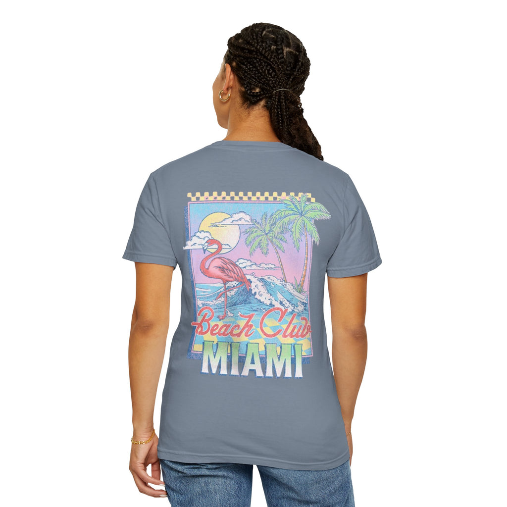 Miami Beach Club T‑Shirt — Retro Flamingo Tropical Floral Graphic Tee