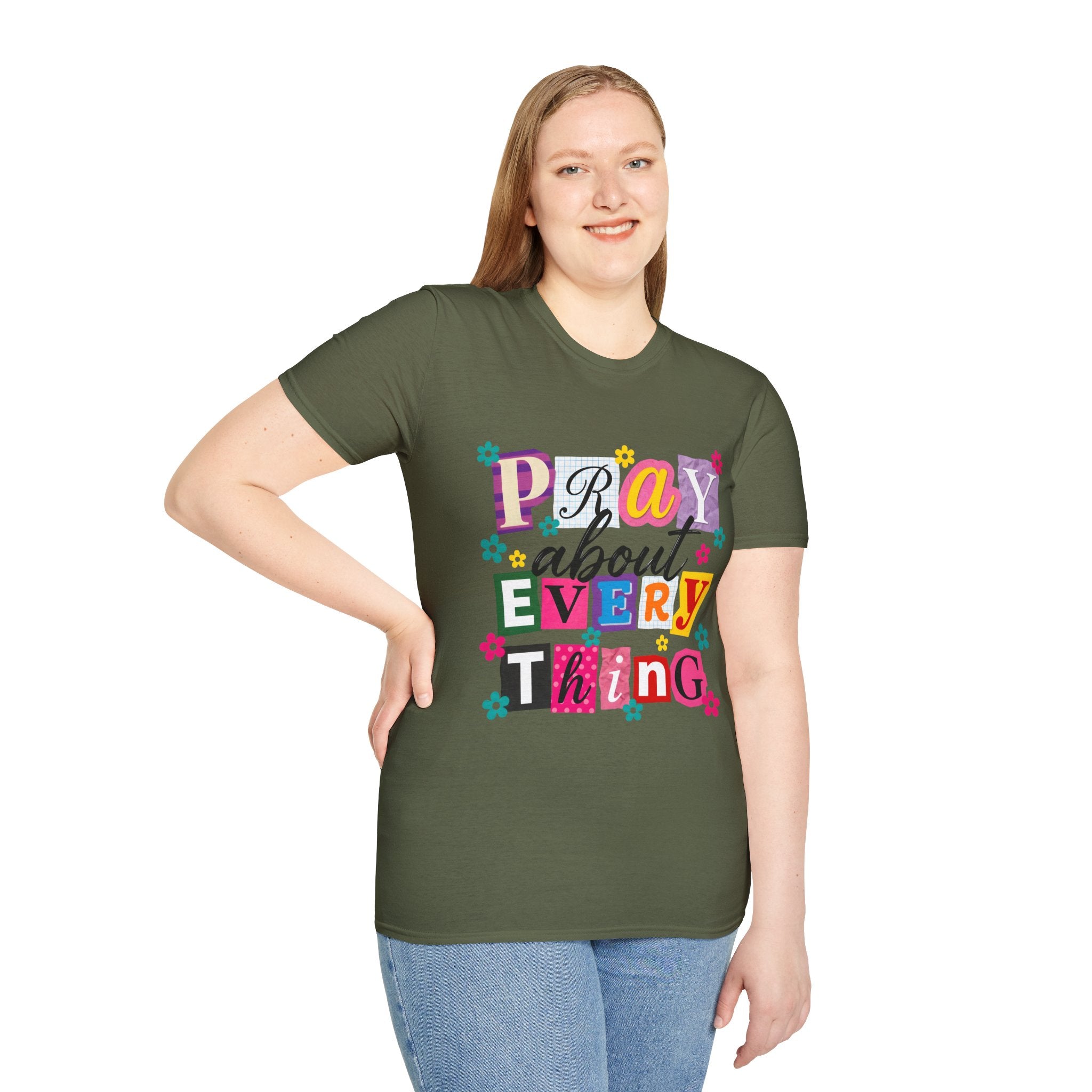 T-Shirt — "Pray About Everything" Colorful Floral Faith Graphic