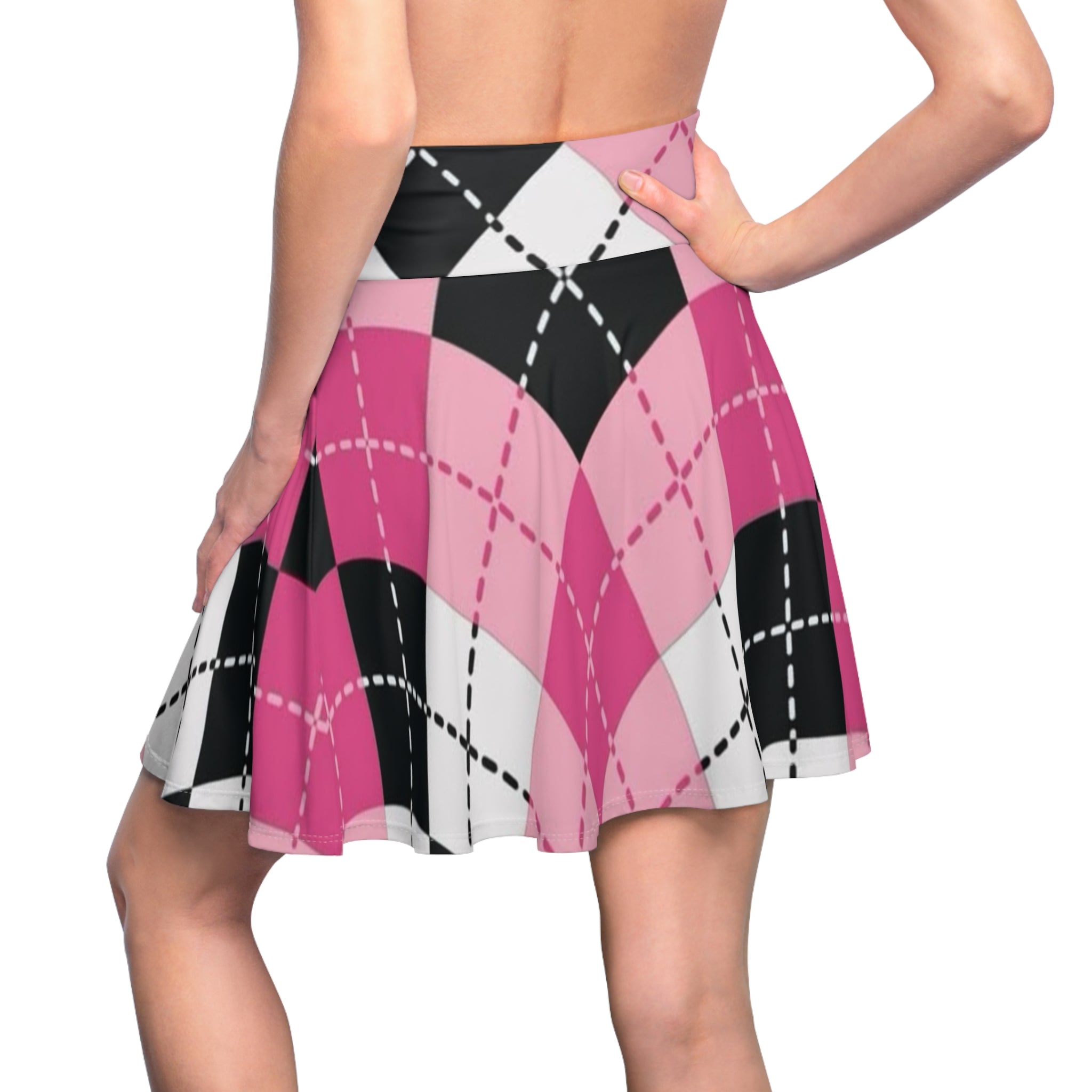 Pink Argyle Skater Skirt — Retro Plaid AOP Women's Circle Skirt