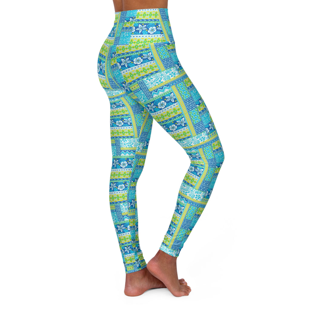 Floral Patchwork High-Waist Yoga Leggings — Blue Green Tropical Print