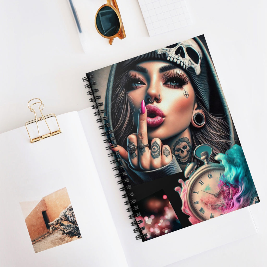 Edgy Skull Girl Spiral Notebook — Ruled Journal with Tattoo Clock Design