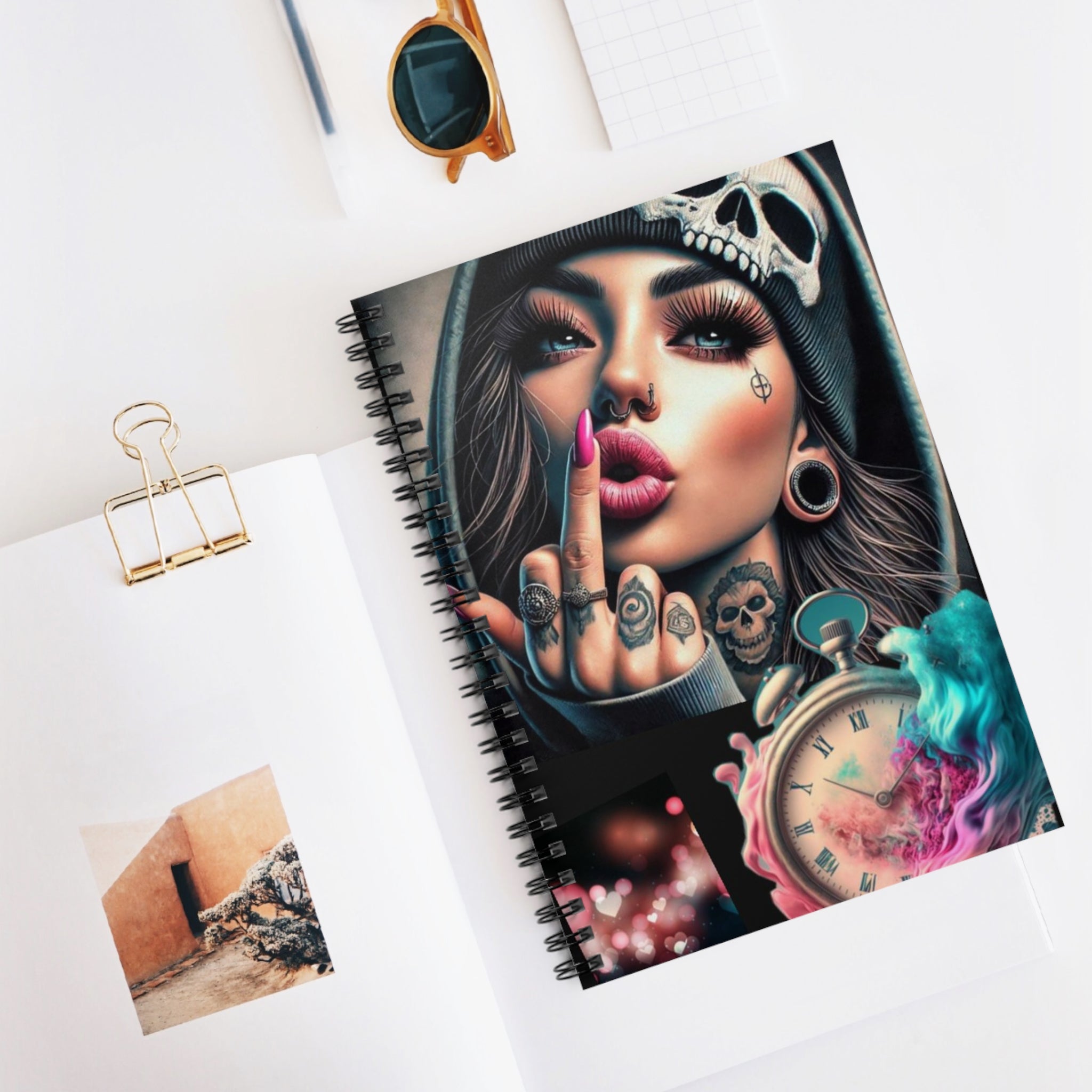 Edgy Skull Girl Spiral Notebook — Ruled Journal with Tattoo Clock Design
