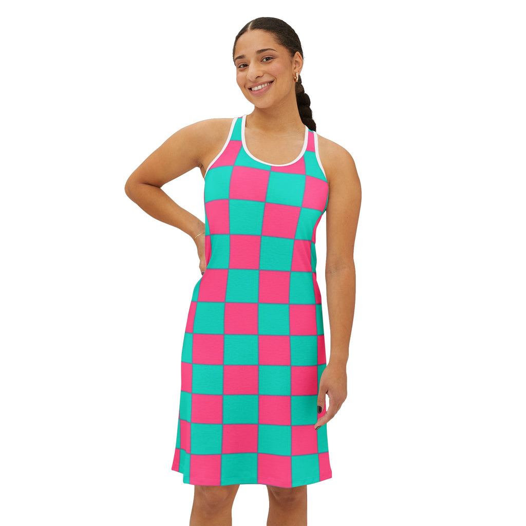 Checkerboard Racerback Dress — Pink & Teal All-Over Print
