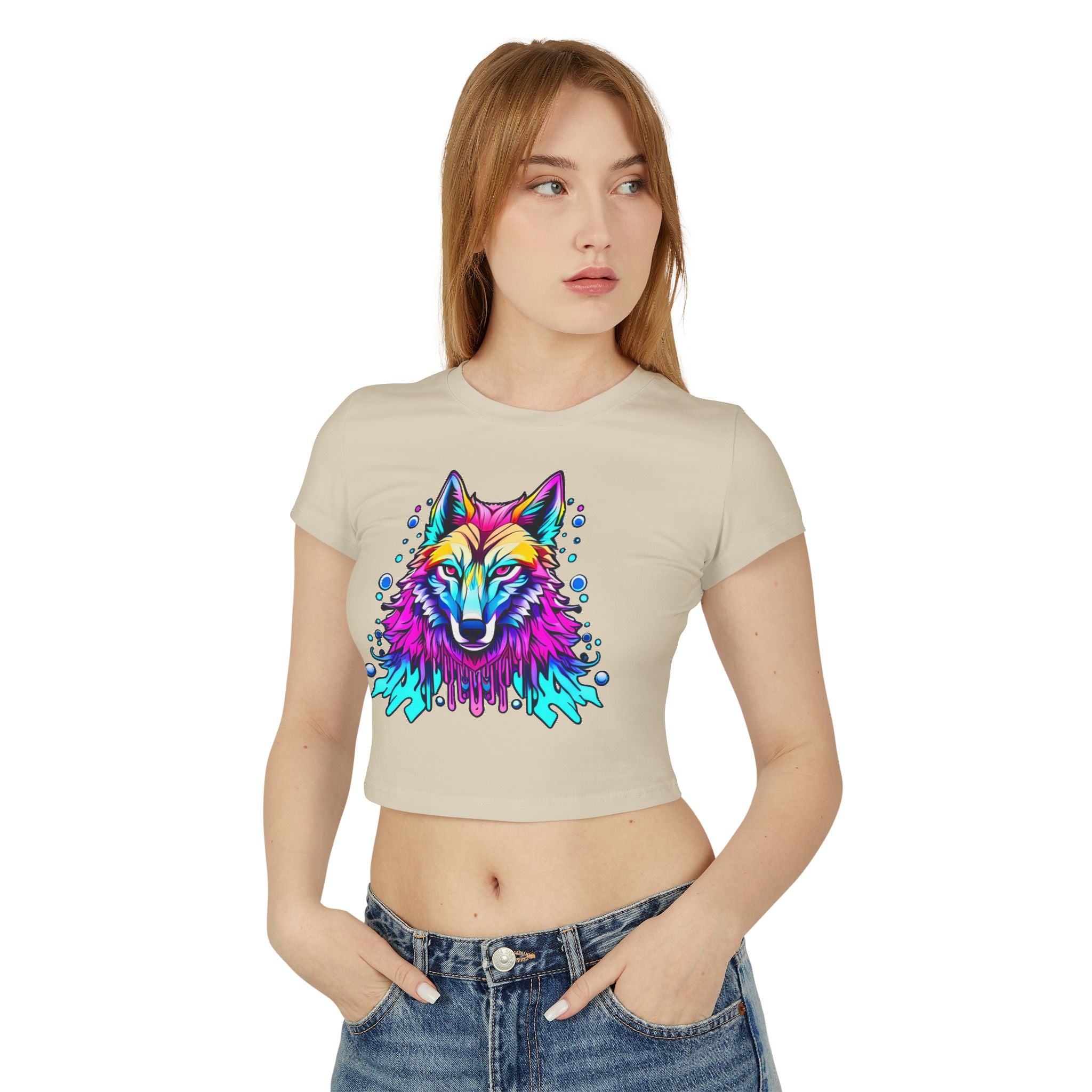 Colorful Wolf Women's Baby Tee — Vibrant Neon Wolf Graphic Crop Shirt