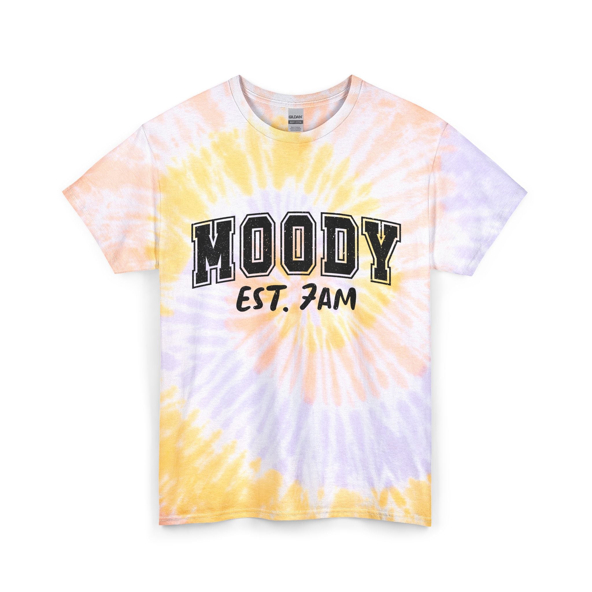 Moody Est. 7AM Tie-Dye Tee — Blue Spiral Graphic T-Shirt