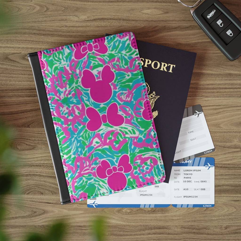 Pink Minnie Pattern Passport Cover — Floral Mickey Ear Travel Wallet