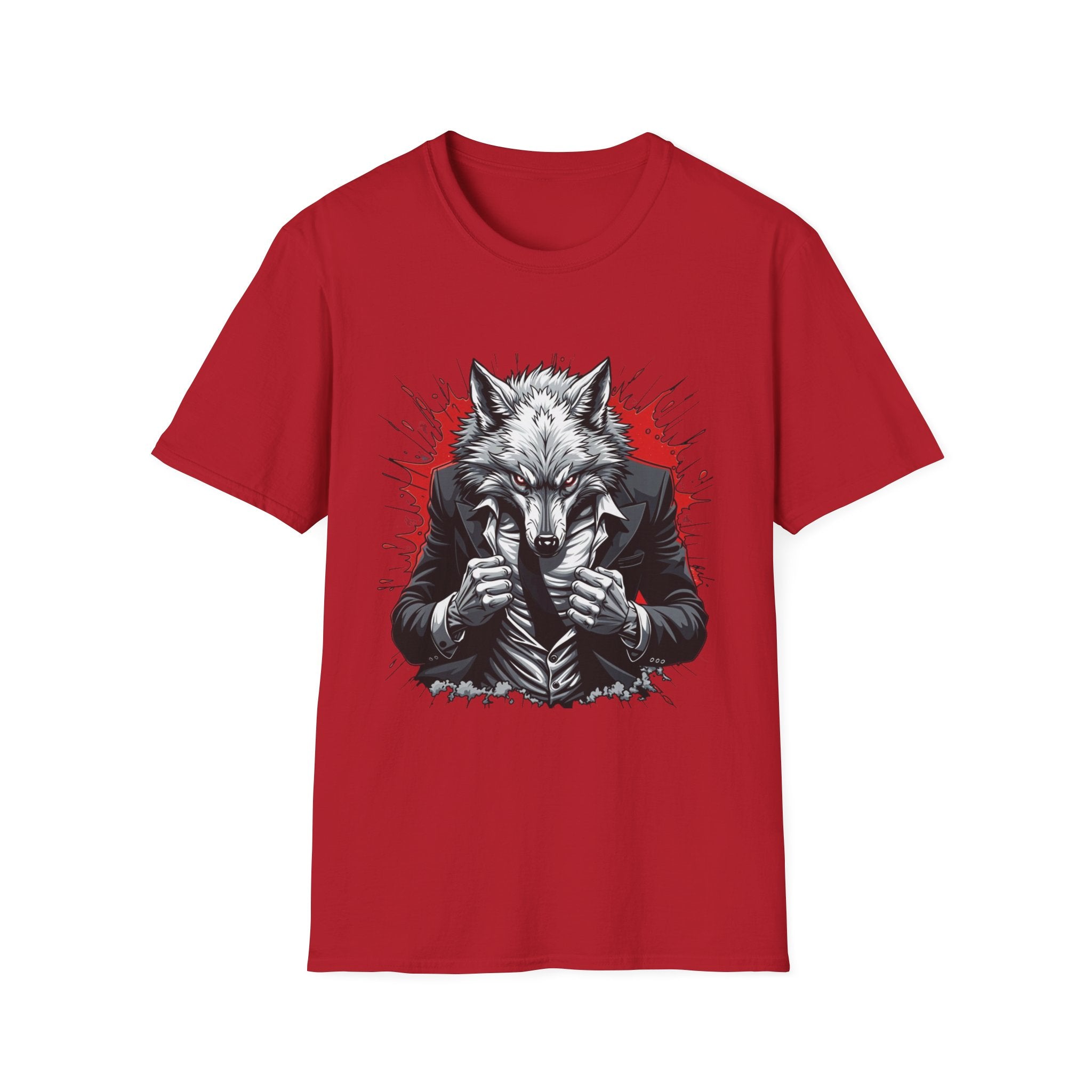 Wolf Suit T-Shirt — Wolf in Suit Graphic Tee (Bold Red Splash)