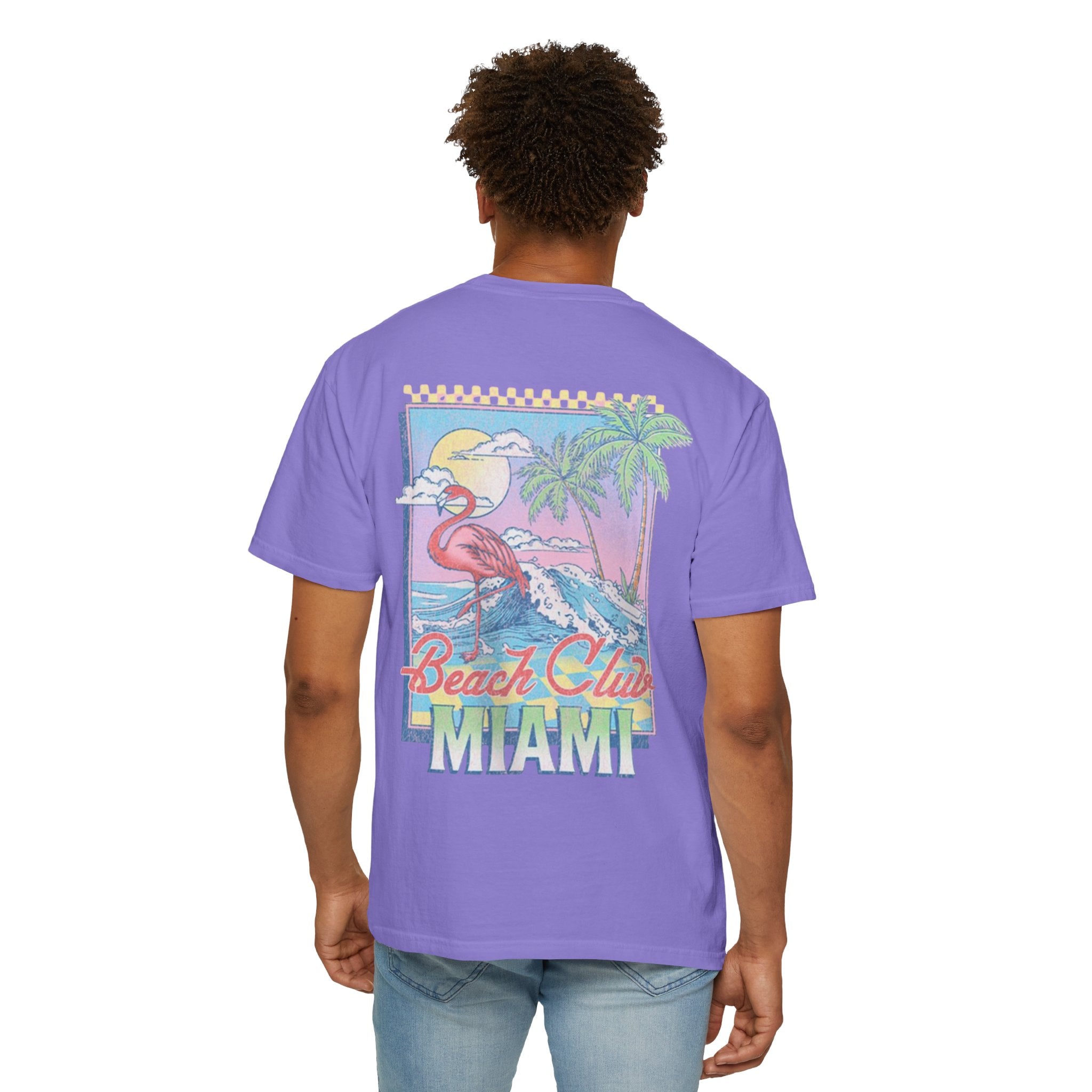 Miami Beach Club T‑Shirt — Retro Flamingo Tropical Floral Graphic Tee