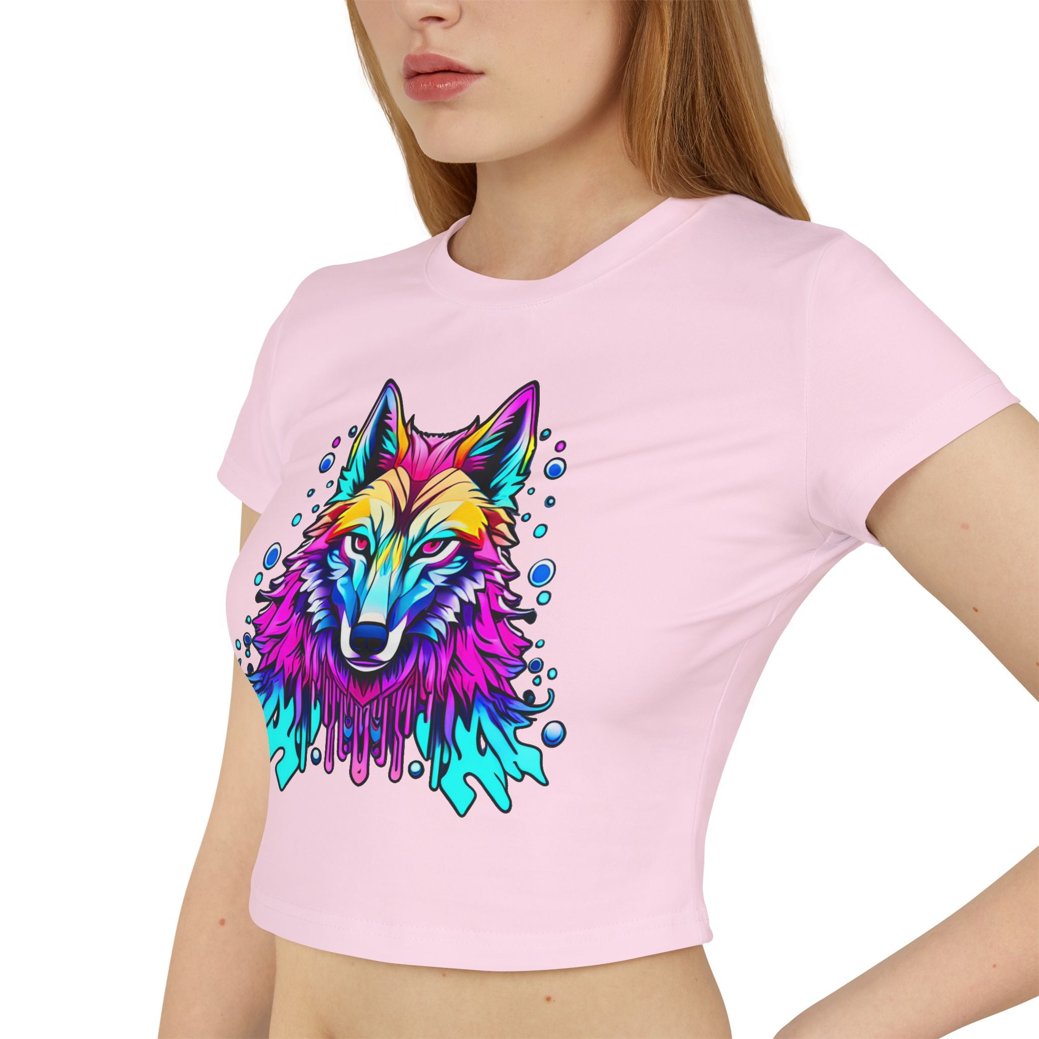 Colorful Wolf Women's Baby Tee — Vibrant Neon Wolf Graphic Crop Shirt